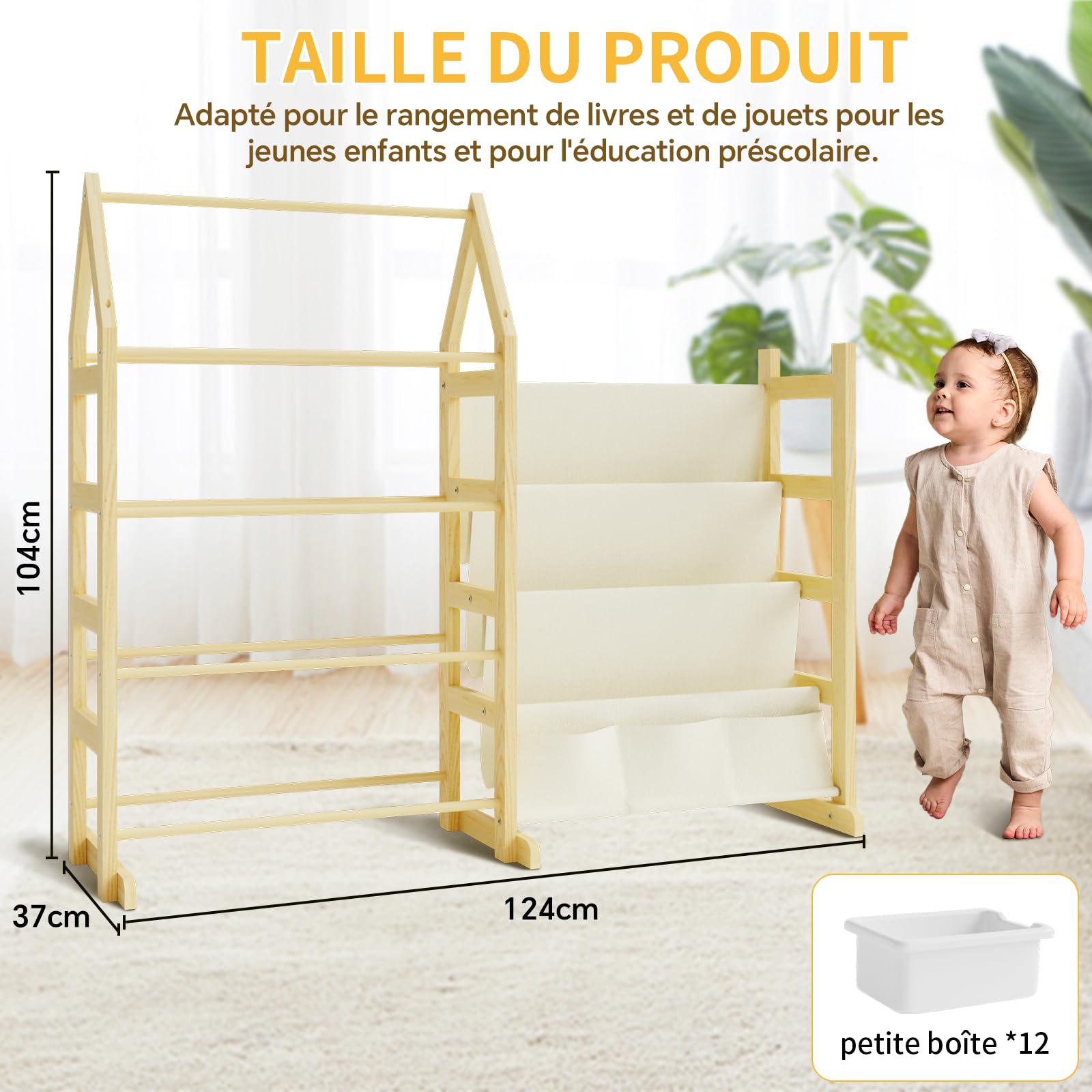 Rangement Jouet Bibliotheque Enfant Bois, avec 12 Bac Meuble Rangement Enfant, Montessori Etagere Presentoir Livre, Coffre à Jouet Bibliothèque, pour Chambre d'enfant et Salle de Jeux, Naturel