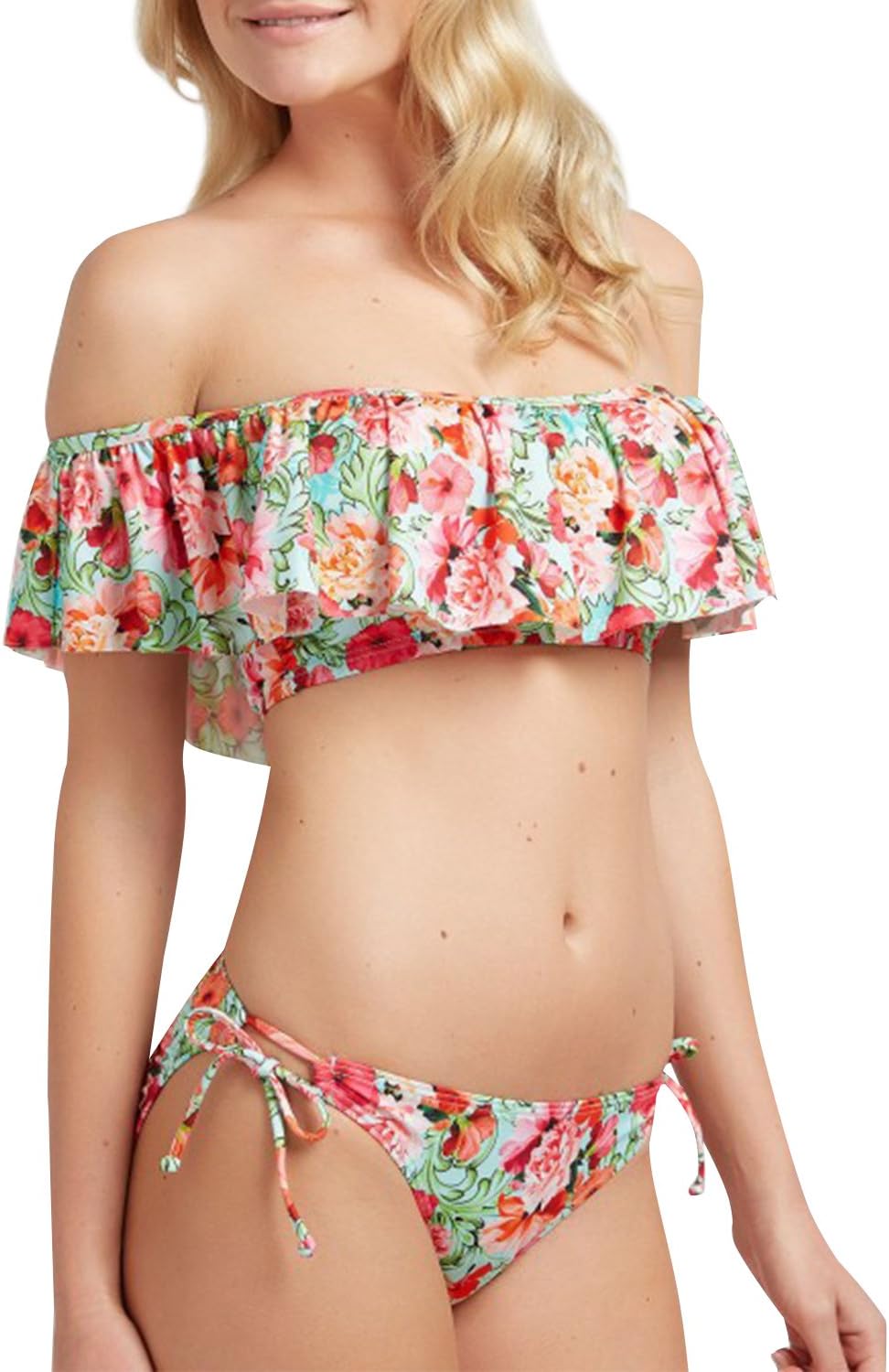 Bikinx Women's Off Shoulder Floral Print Bikini Set Ruffle Tie Side Swimsuits