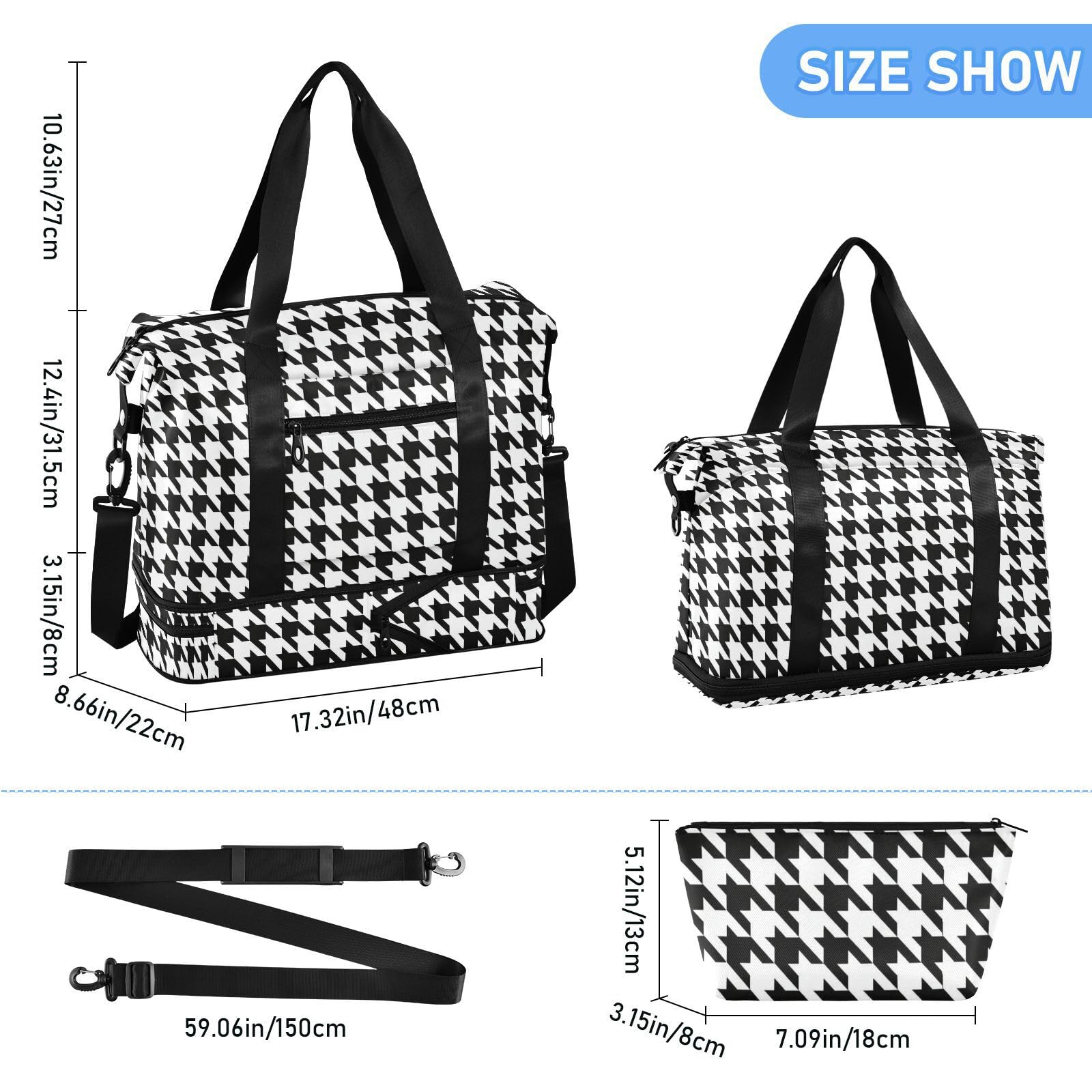 Sac de voyage étanche motif pied-de-poule noir et blanc avec poche humide et sangle réglable pour homme et femme