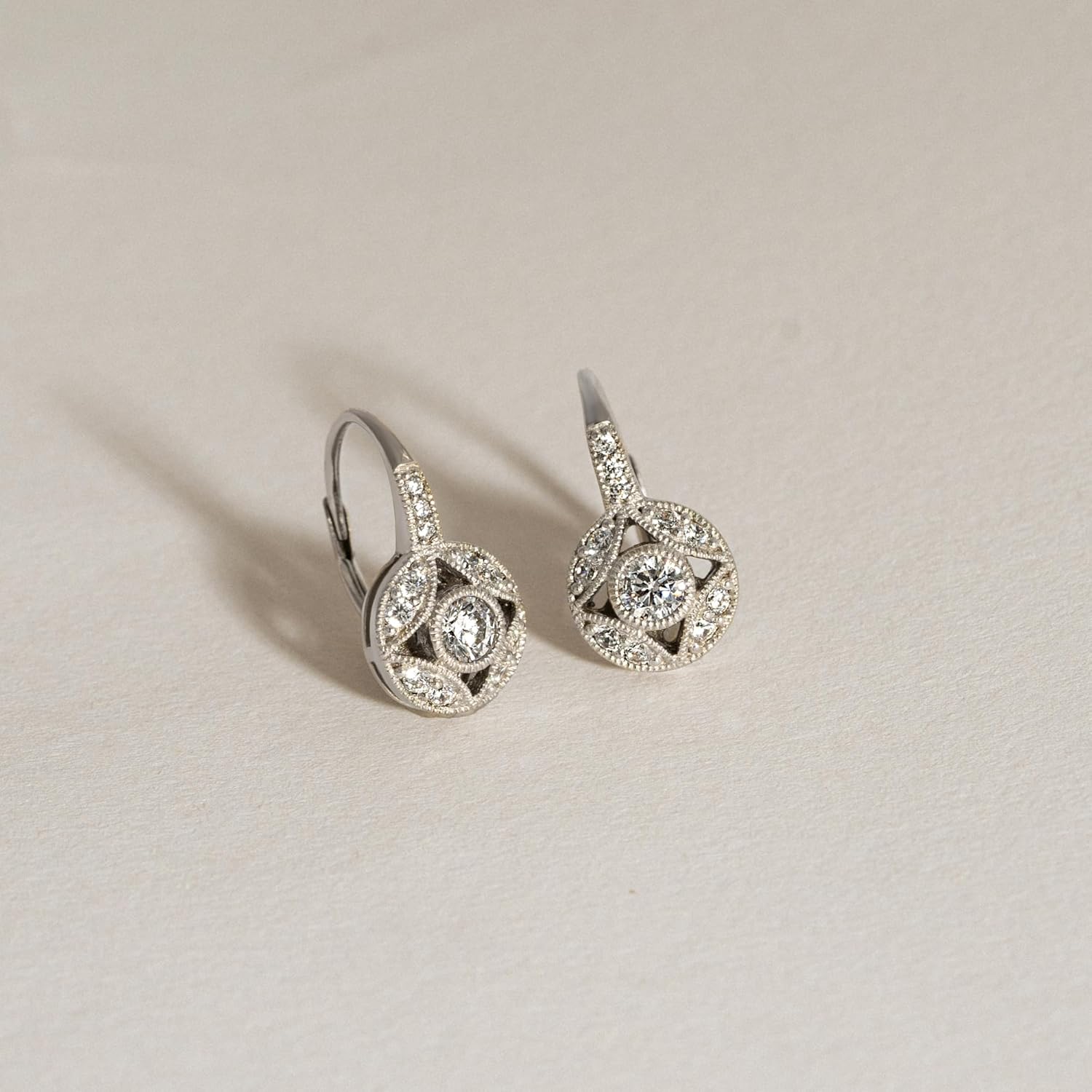 14K Plated Yellow Gold, Platinum Plated 925 Sterling Silver Leverback Antique Earrings for Women | 1 Carat Round Cut Cubic Zirconia CZ Simulated Diamond - Image 3