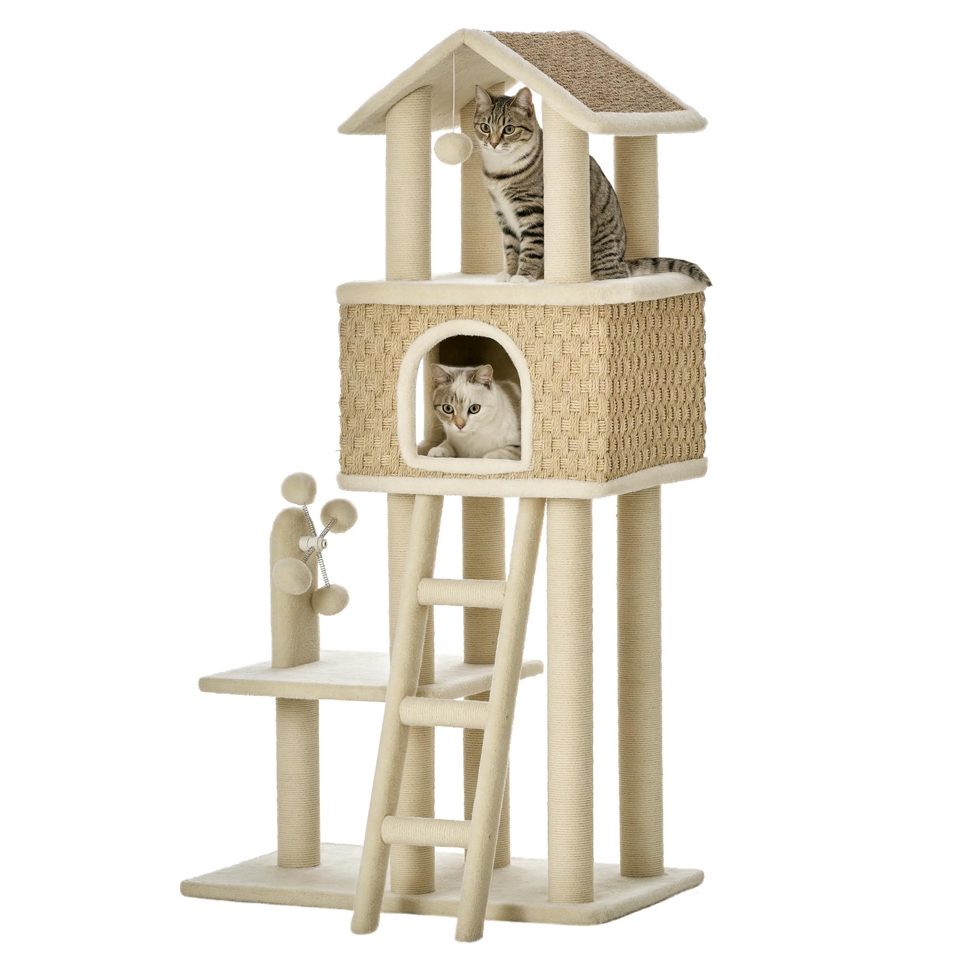 PawHut albero tiragraffi per gatti 130H cm albero da arrampicata con grotta per gatti palline gioco tronchi di iuta grande piattaforma in truciolato peluche kaki+beige