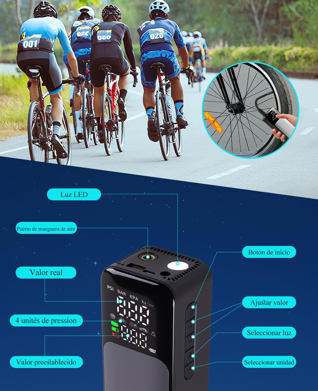 Compresor Aire Portatil Inflador Ruedas Coche 8000mAh 150PSI radiador Espiral acelera disipación Calor&Power Bank Hinchador Electrico Bicicleta para Auto con LED, para, Moto, Bicicleta, Pelot