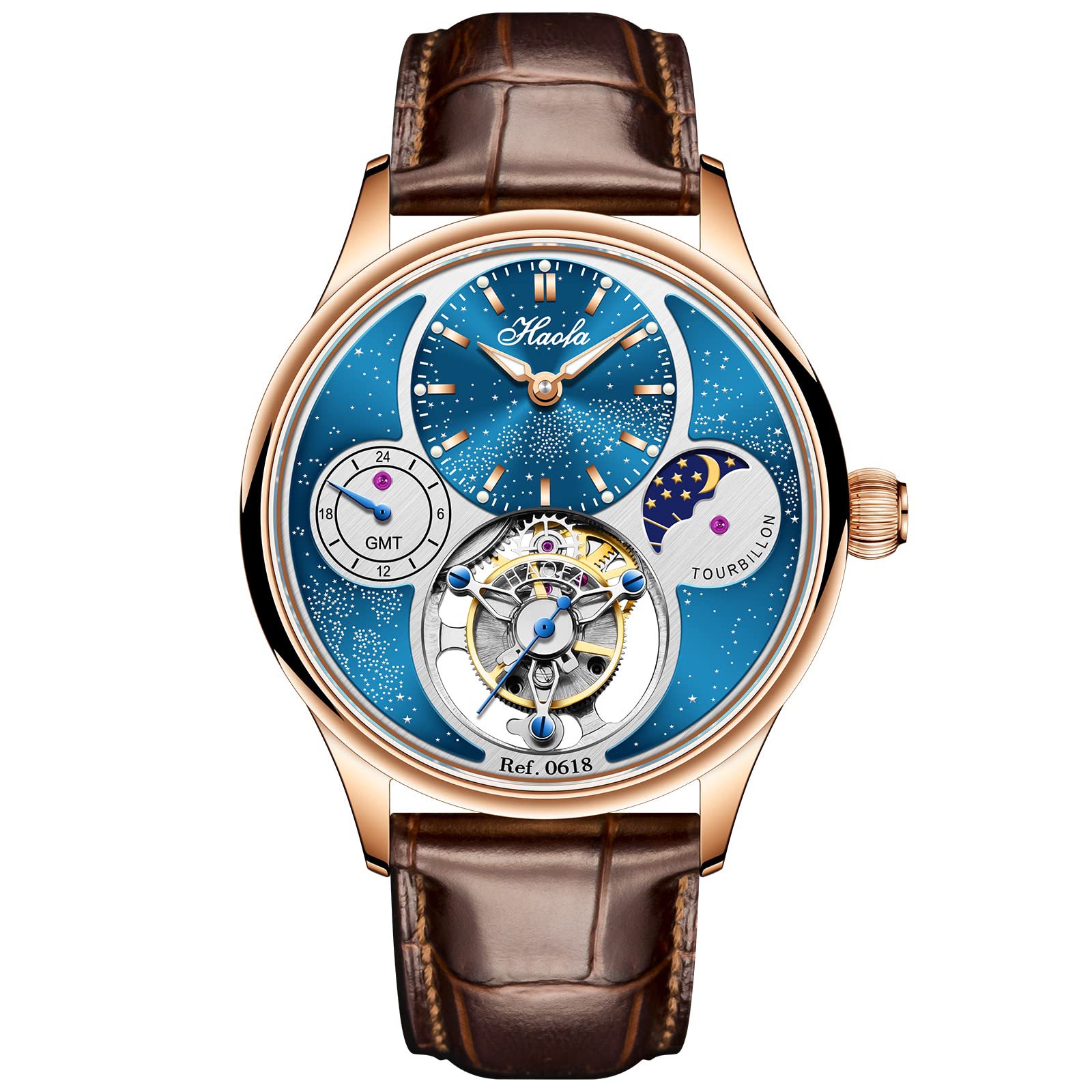 Haofa GMT Tourbillon-Uhr für Herren, Mondphase, Sternenhimmel, Zifferblatt, manuelle mechanische Uhr, Saphir, Leuchtend, wasserdicht, Luxus, Business, formelle Herrenuhr 0618