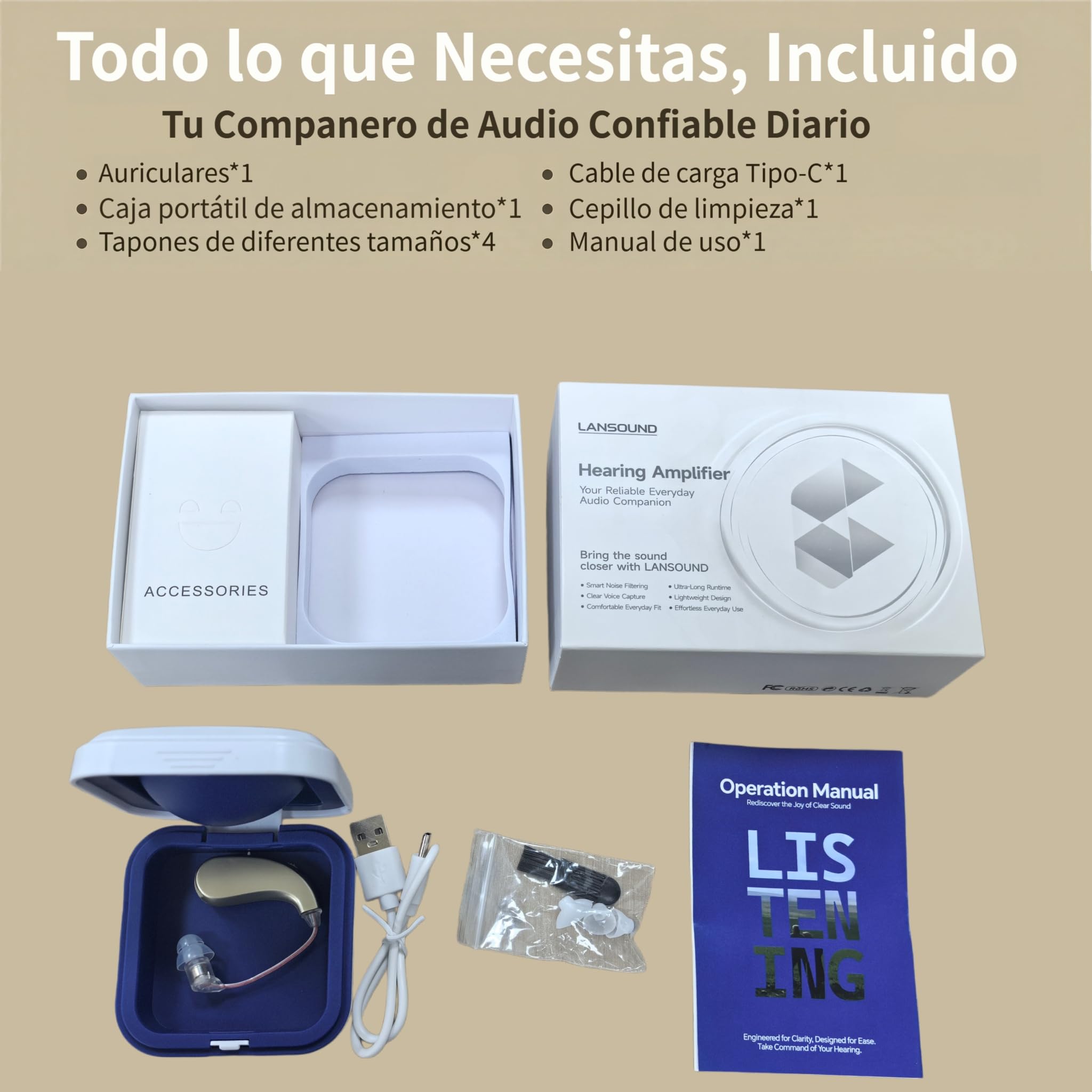 Auriculares portátiles cuerpo de 6g con tubo fino flexible carga Tipo-C incluye estuche de almacenamiento