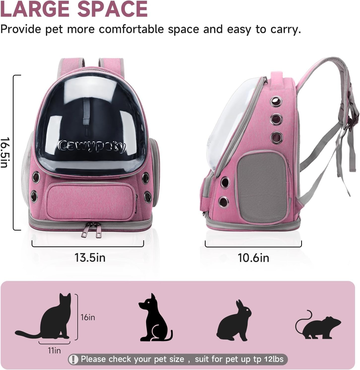Cawypety Mochila transportadora para gatos, transpirable, con burbujas de espacio grande, para gatitos, perros pequeños de hasta 15 libras, transparente y plegable para viajes, senderismo (rosa)