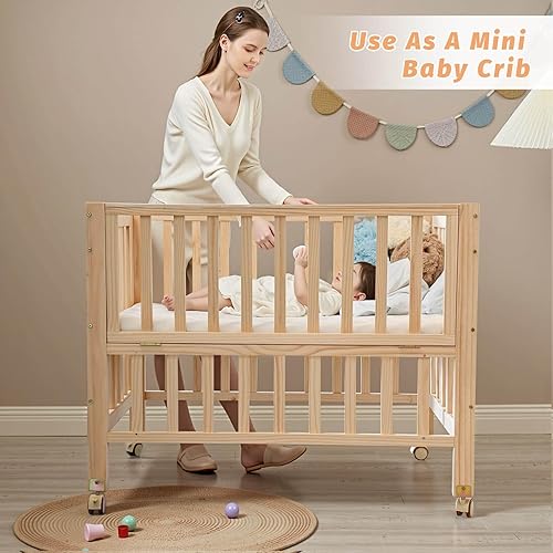 Miniatura 3 de Moisés plegable de madera Moisés portátil 4 en 1 con colchón transpirable, cuna de bebé de 3 alturas con ruedas, mini cuna para bebés recién