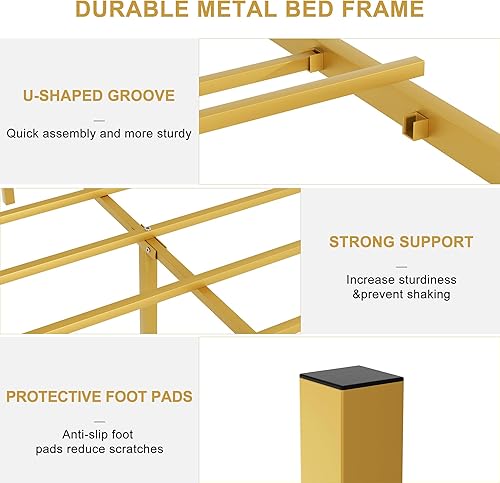 Miniatura 36 de VECELO Base de cama tamaño individual con cabecero y estribo, soporte de listones de metal resistente, base de colchón de plataforma, no necesita