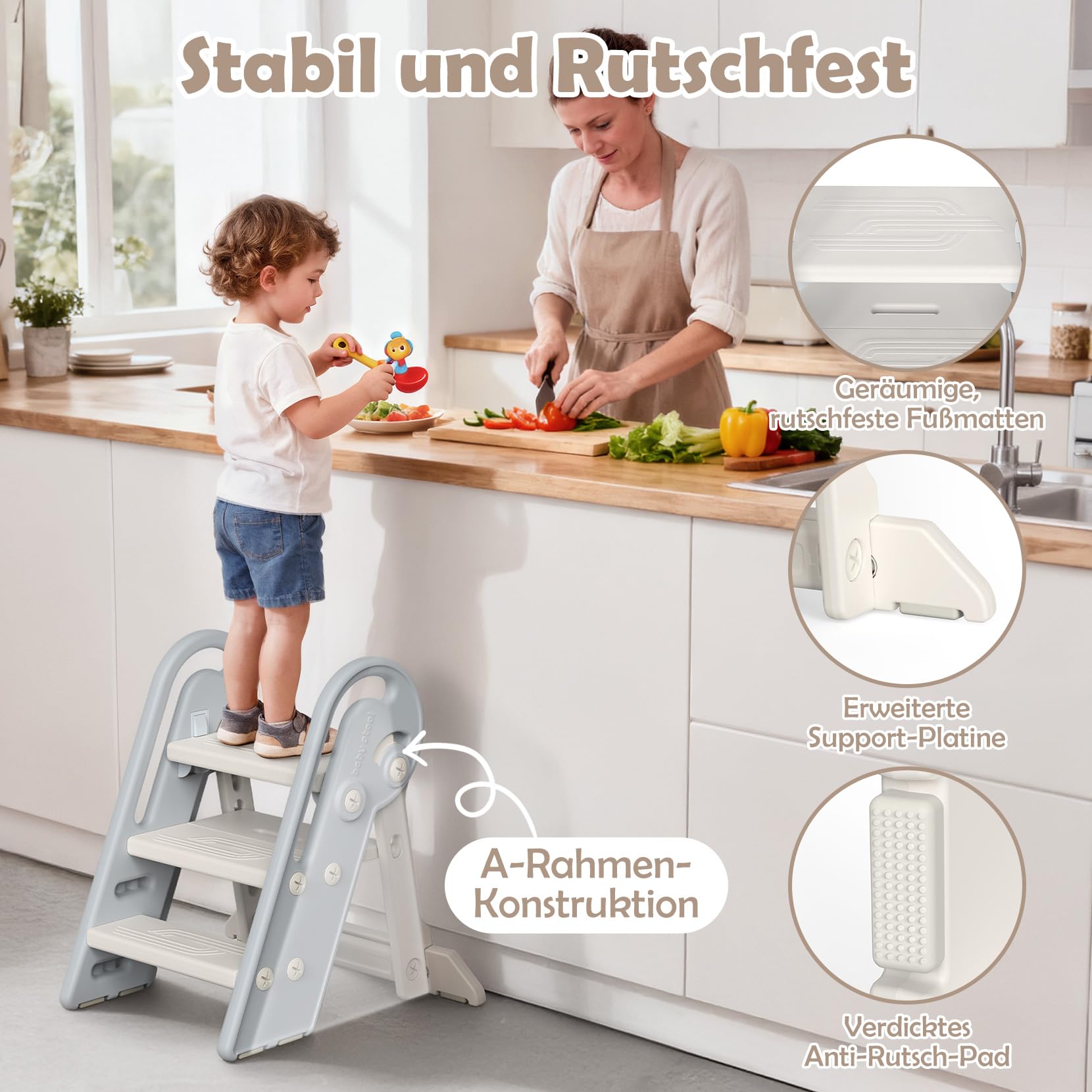 Tritthocker für Kinder Hocker Kinder Bad ab 1,5 bis 8 Jahren | 2 Stufen-3 Stufen Höhenverstellbar Kinder tritthocker | Klappbar | Sicherheit Handslauf | für Bad, Kleinkinderzimmer, Küche (Grauweiß)