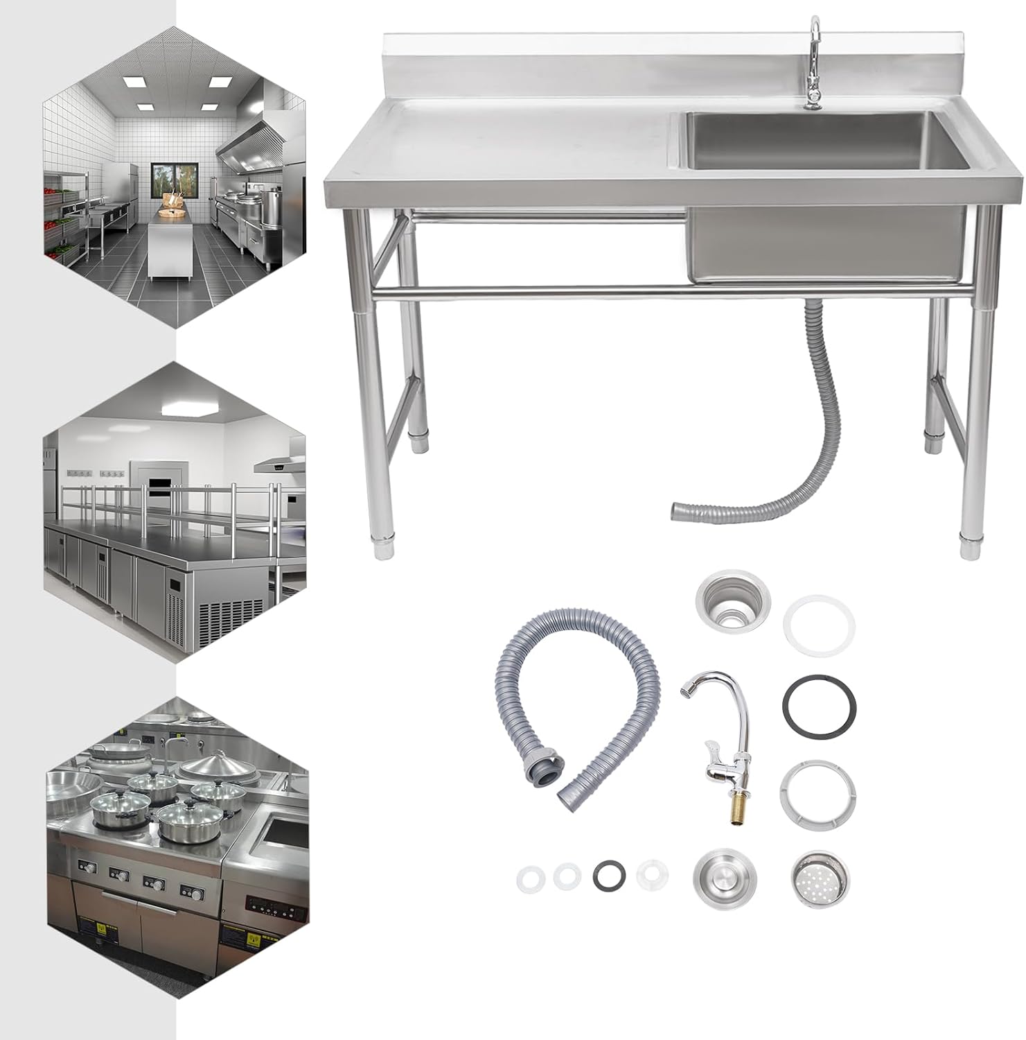 Freestanding Stainless Steel Single Bowl Commercial Restaurant Kitchen Sink with Faucet, Utility Sink for Laundry Room Bathroom Farmhouse (47.2" W x 23.6" D x 31.5" H)