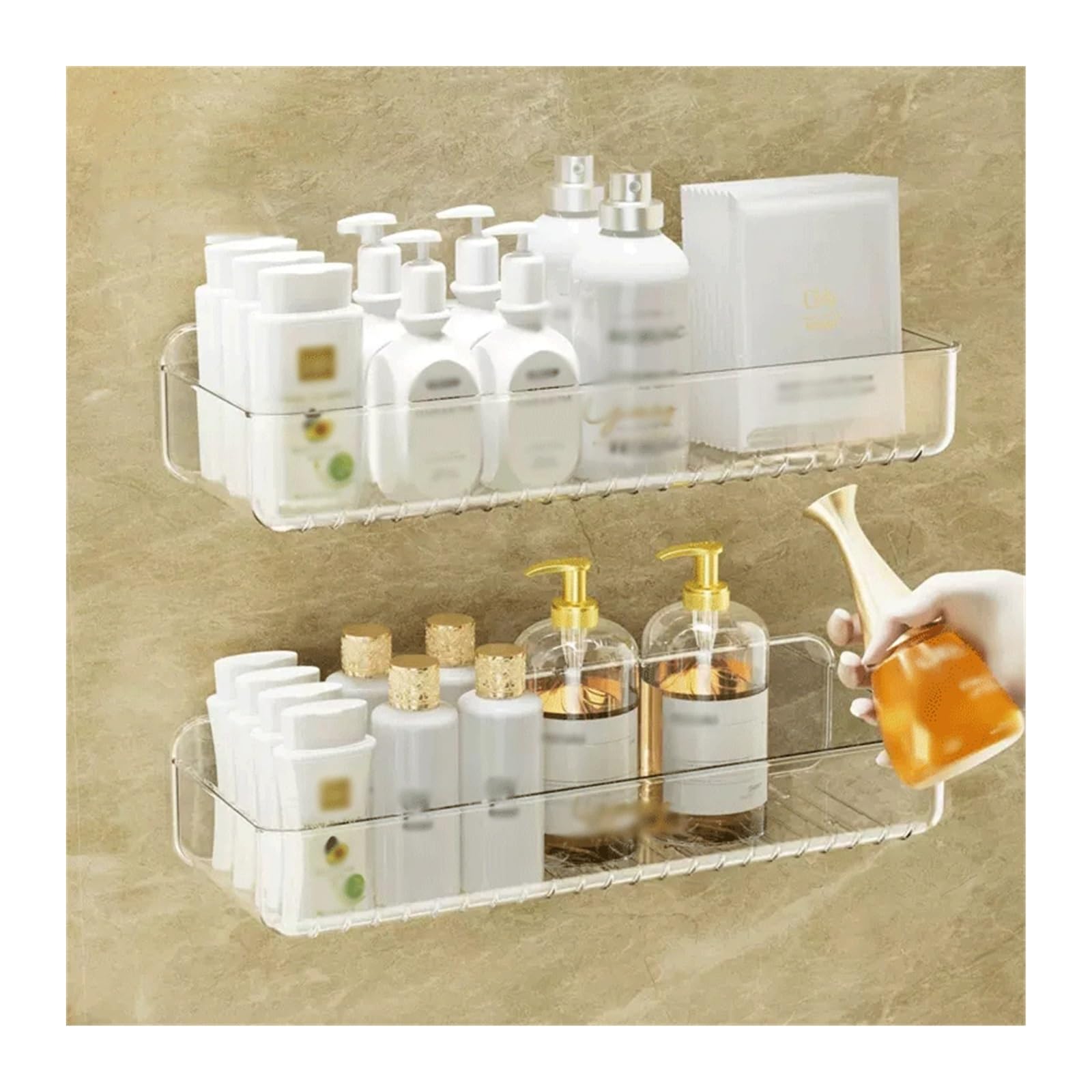 Estante de almacenamiento de pared de plástico de doble capa para cosméticos, artículos de tocador y suministros que no necesitan ser perforados en la pared (transparente)