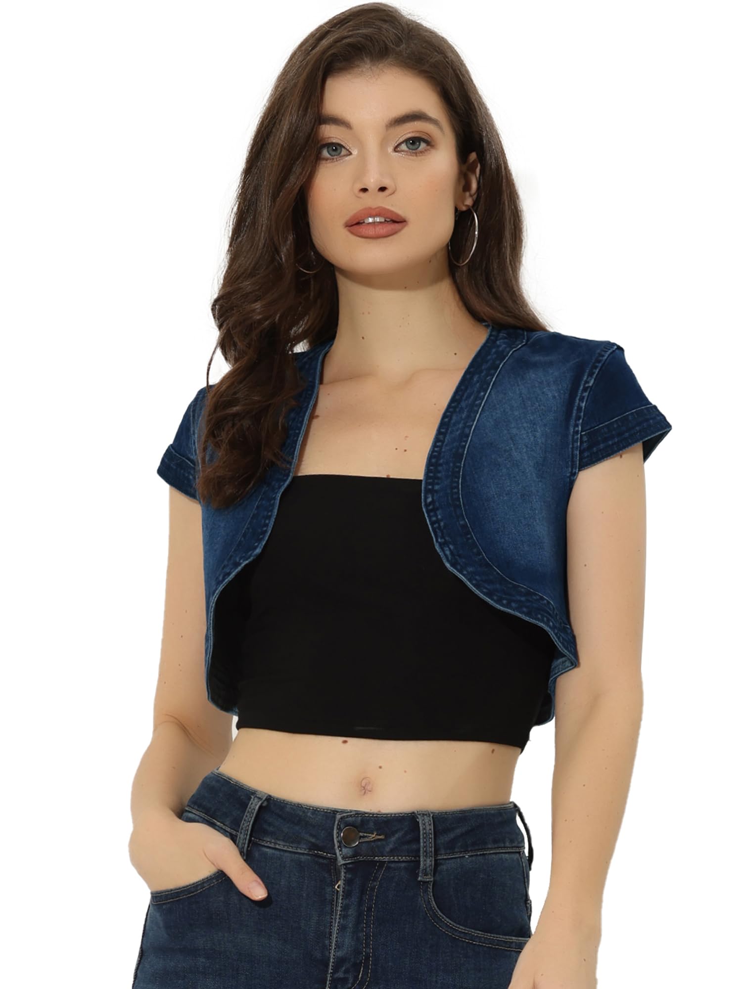 Allegra K Women's Cap Sleeve Cropped Denim Jacket