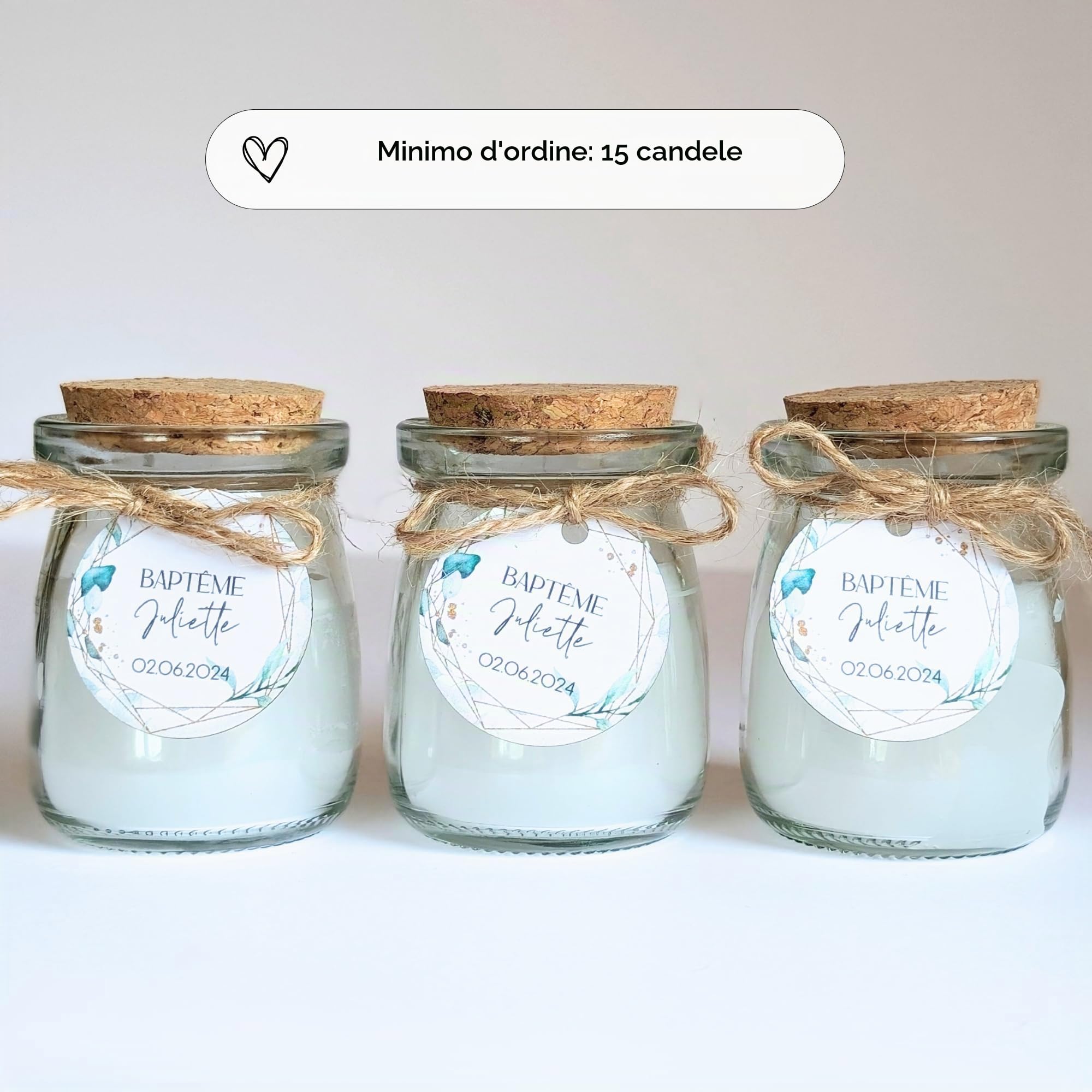 15 candele grandi personalizzate | 20H - 100ML - 60GR | Regalo ospite matrimonio, baby shower, battesimo, comunione, compleanno - Regalo grazie | TE Whaka