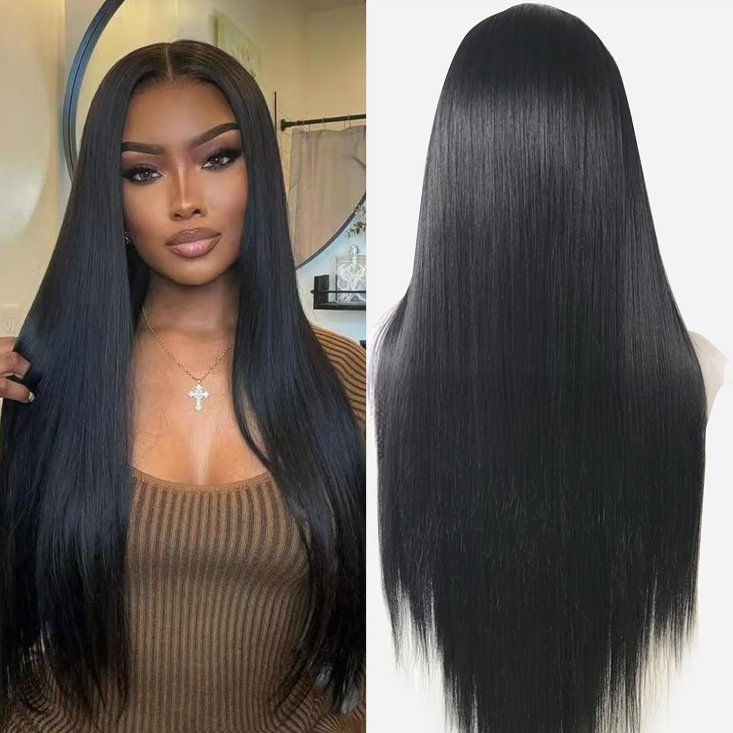Creamily Lace Front Wig 30inch Straight Synthetic Wig 13x3 HD Lace Long Straight Lace Front Wig Glueless for Women Pre Plucked with Baby Hair Synthetic Glueless Black Wig for Daily Use