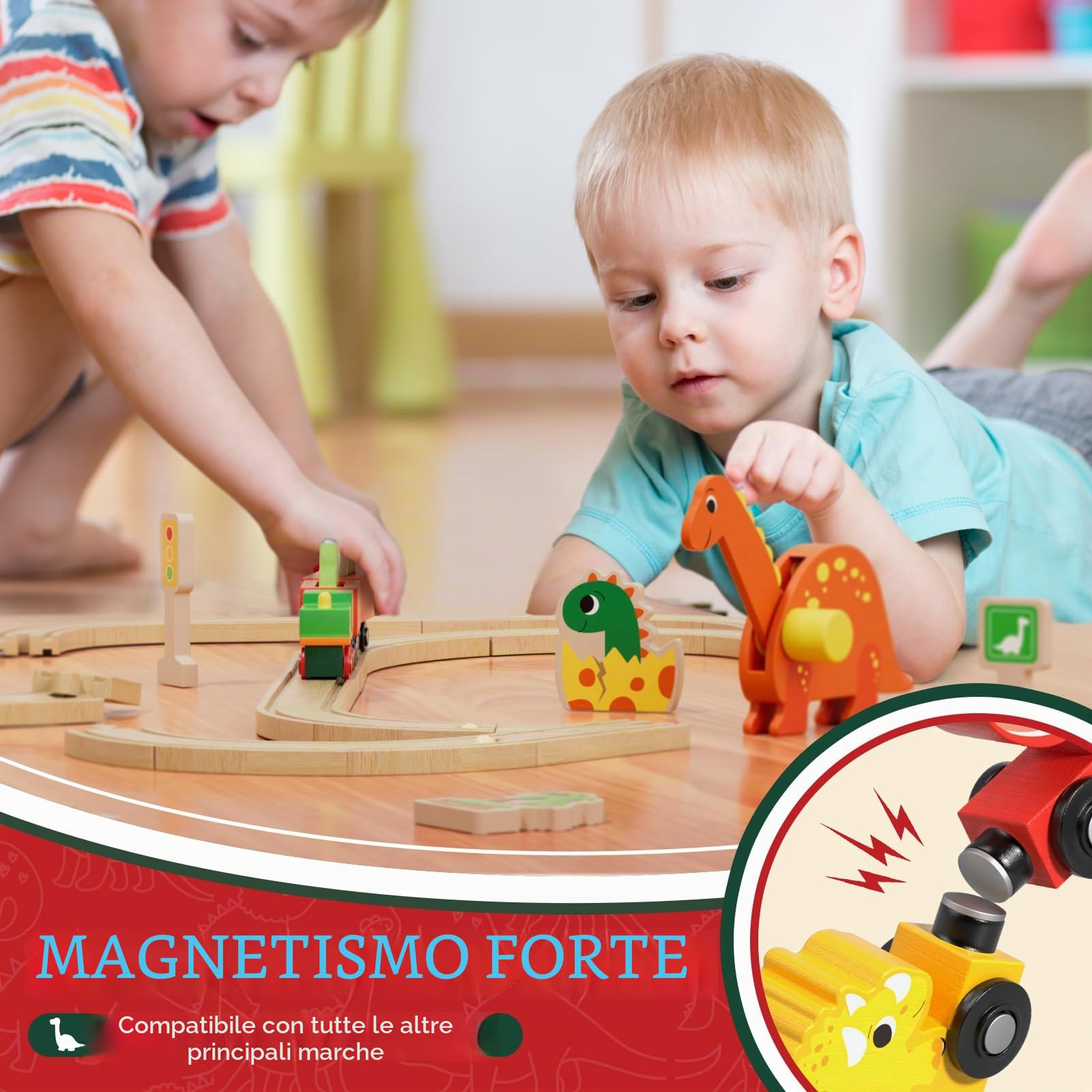 Lehoo Castle Treno in legno, dinosauro giocattolo per bambini 3+ anni | Treno Dino con 2 carri, tunnel vulcano, gru magnetica, compatibile con binari in legno, regalo per ragazze e ragazzi