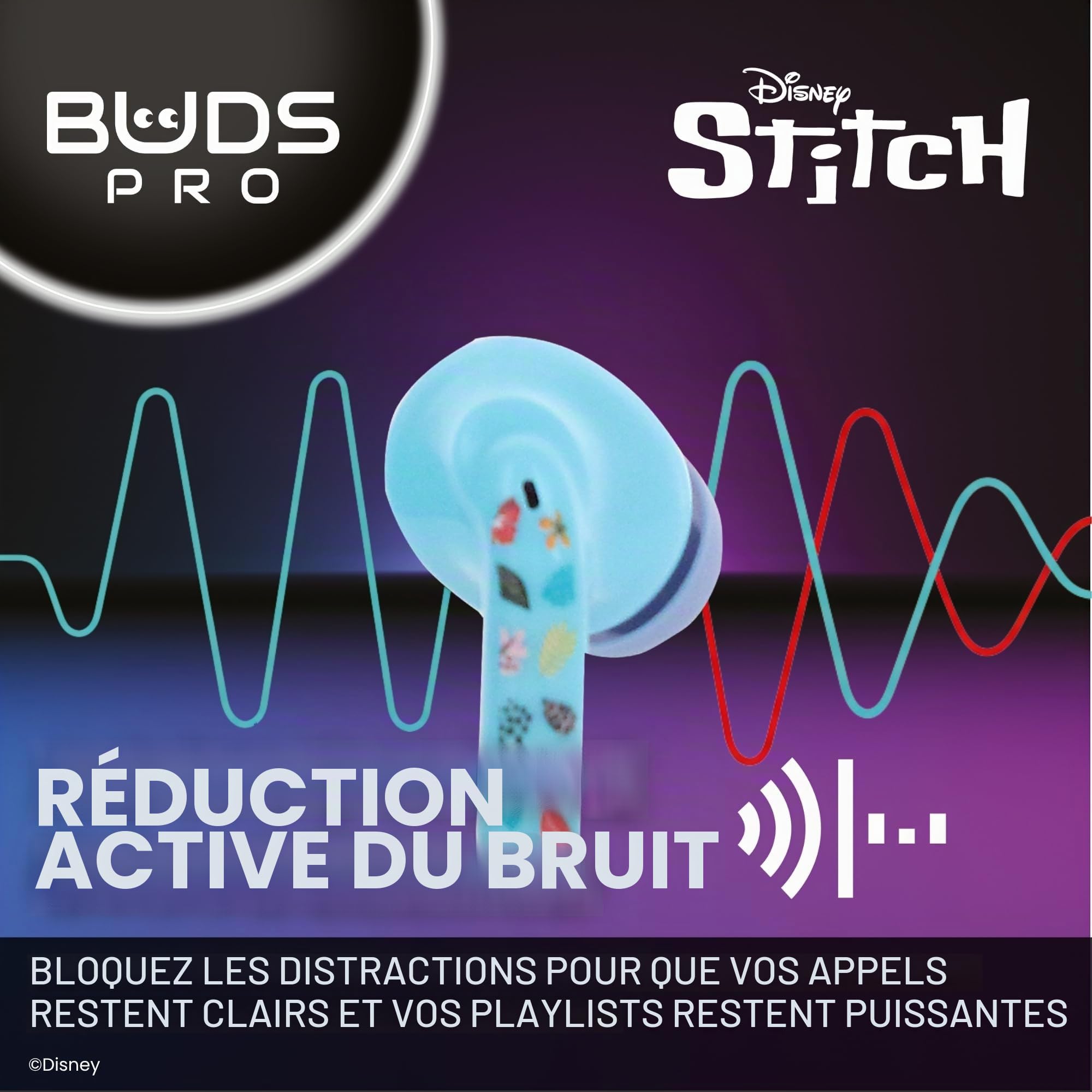Buds Pro Stitch Écouteurs Bluetooth sans Fil et Support de téléphone - Écouteurs Intra auriculaire avec Micro, 28+ Heures d’autonomie, Réduction de Bruit Active, Certification IPX4, Boîtier de Charge