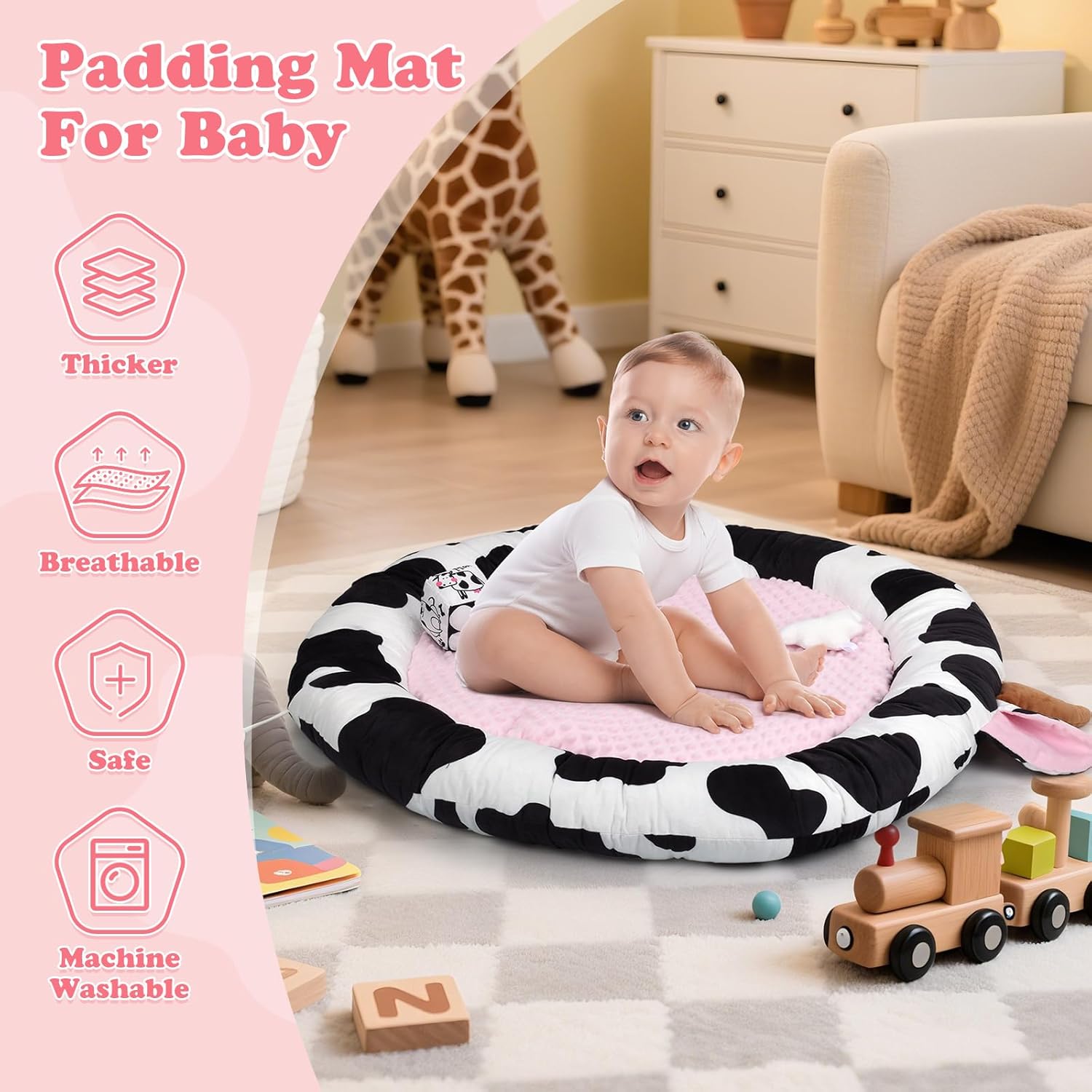 Pink Cow Baby Play Gym & Tummy Time Mat with 6 Sensory Toys - Extra Large Thick Soft Floor Play Mat for Newborn Infants 0-12 Months - Nursery Essential Gift