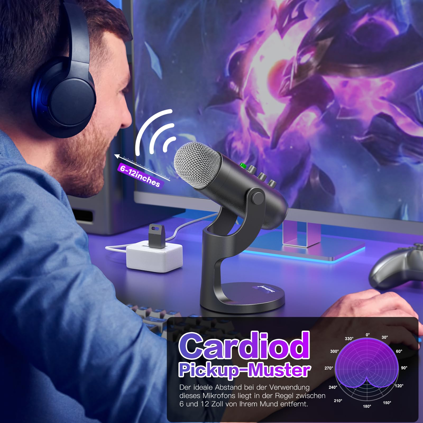 zealsound Wireless USB Gaming Mikrofon für PC & Handy mit Noise Cancelling, Kondensator Desktop Mikrofon mit Monitoring, Gain & Mute, Plug & Play für Streaming, Podcast, Discord, YouTube, Schwarz