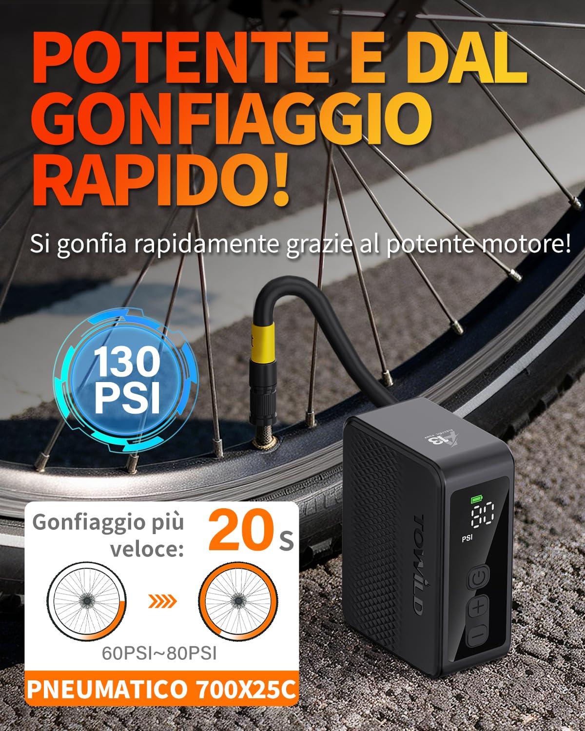TOWILD A13 Pompa Elettrica per Bici, Max 130 PSI Mini Compressore d'aria elettrico, Funzione di Arresto Automatico Ricaricabile Type-C, Valvole Presta e Schrader per Biciclette da Strada, MTB, E-bike