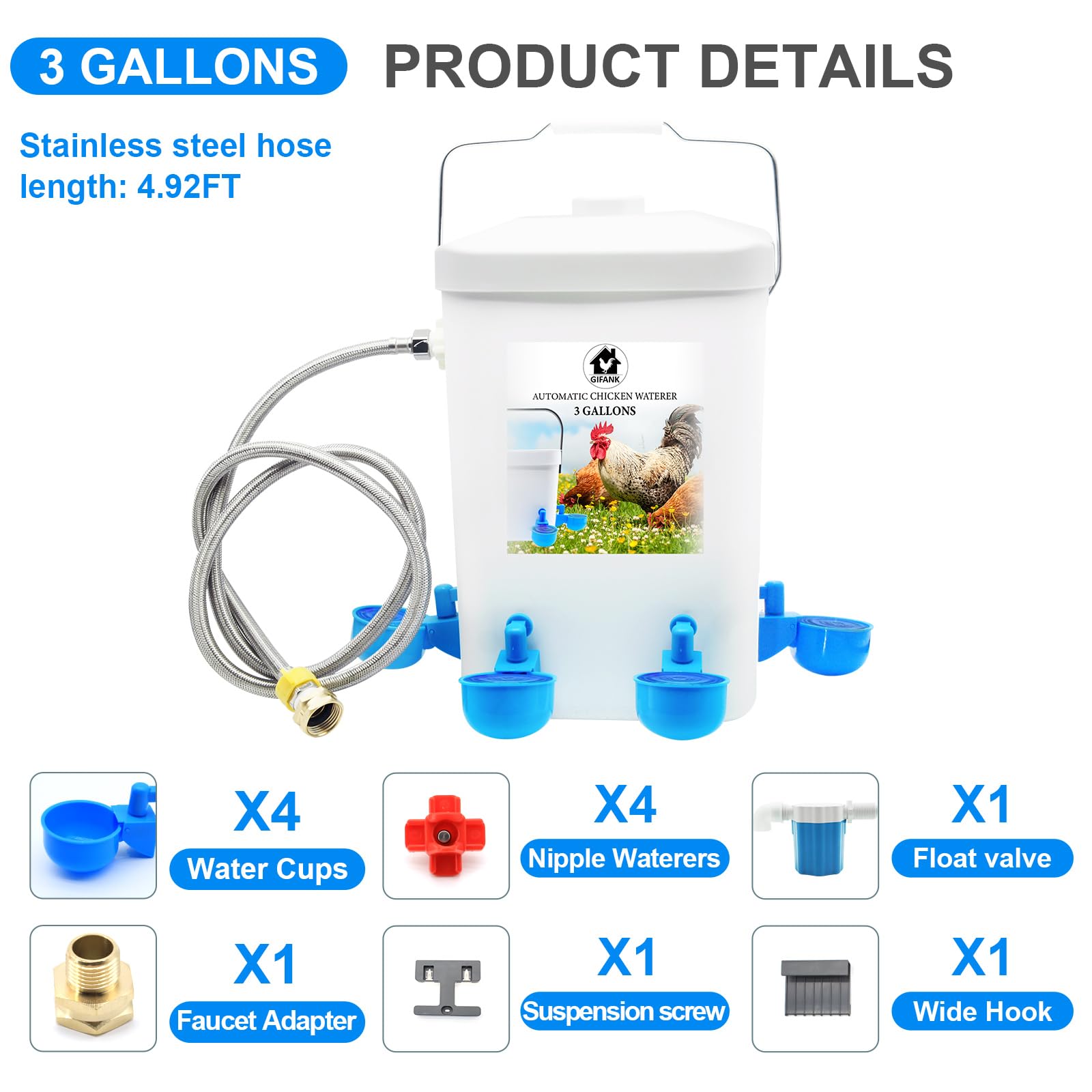 Dispensador automático de agua de pollo controlado, dispensador de agua de aves de corral de 3 galones con accesorio de manguera, accesorios automáticos para beber aves de corral para pollitos, pato