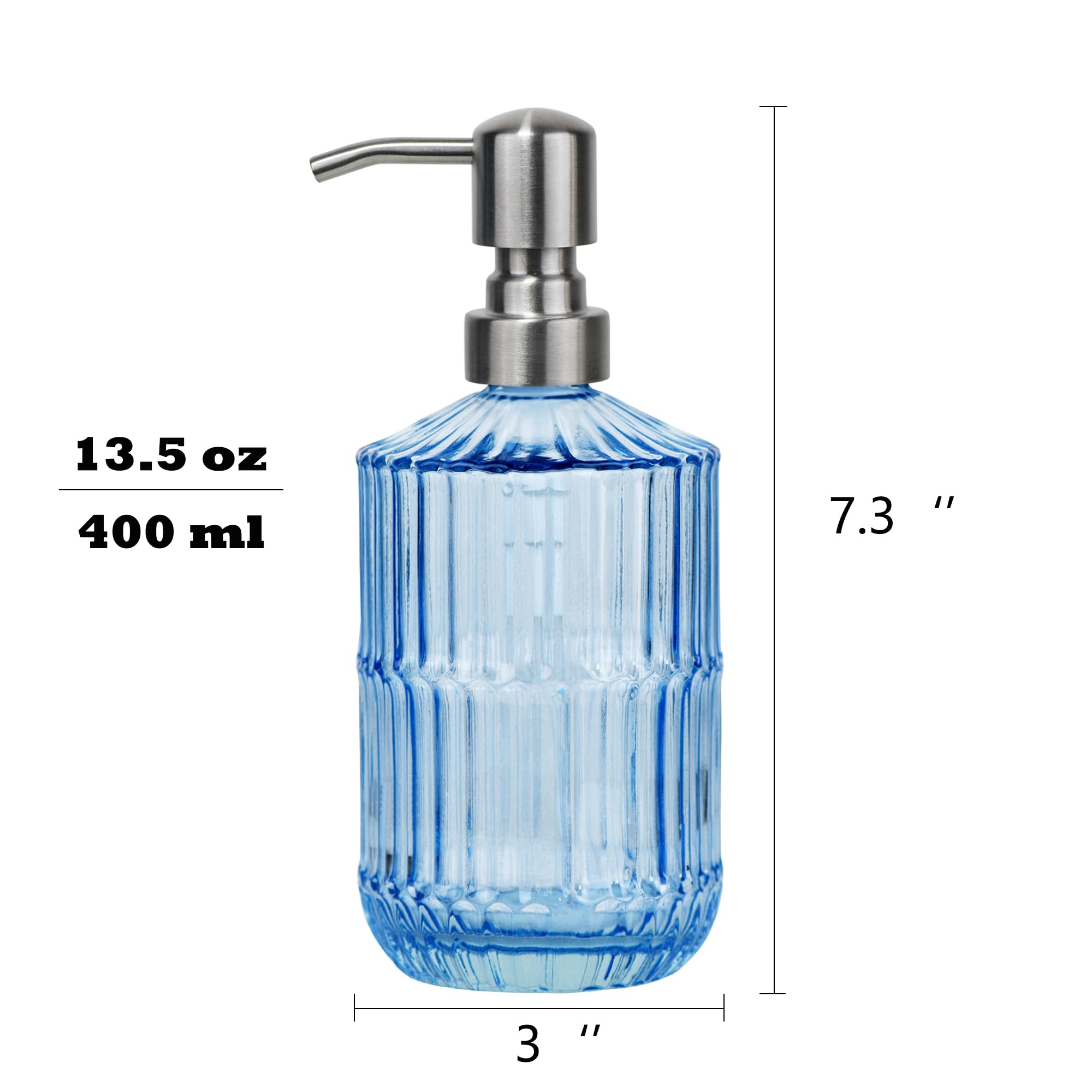 SDlumeiy 13.5 oz Glass Soap Dispenser with Stainless Steel Pump, Refillable, Blue - Image 3