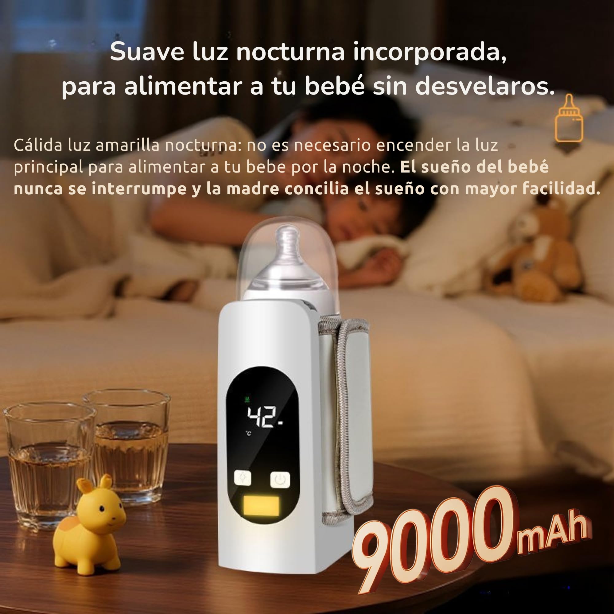 Smartia – calienta biberones portatil Modelo 2026, batería de 9000 mAh y resistente a líquidos, calentador de biberon con pantalla y luz nocturna para tu bebe, 6 niveles de Tº, Cert. CE ROSH