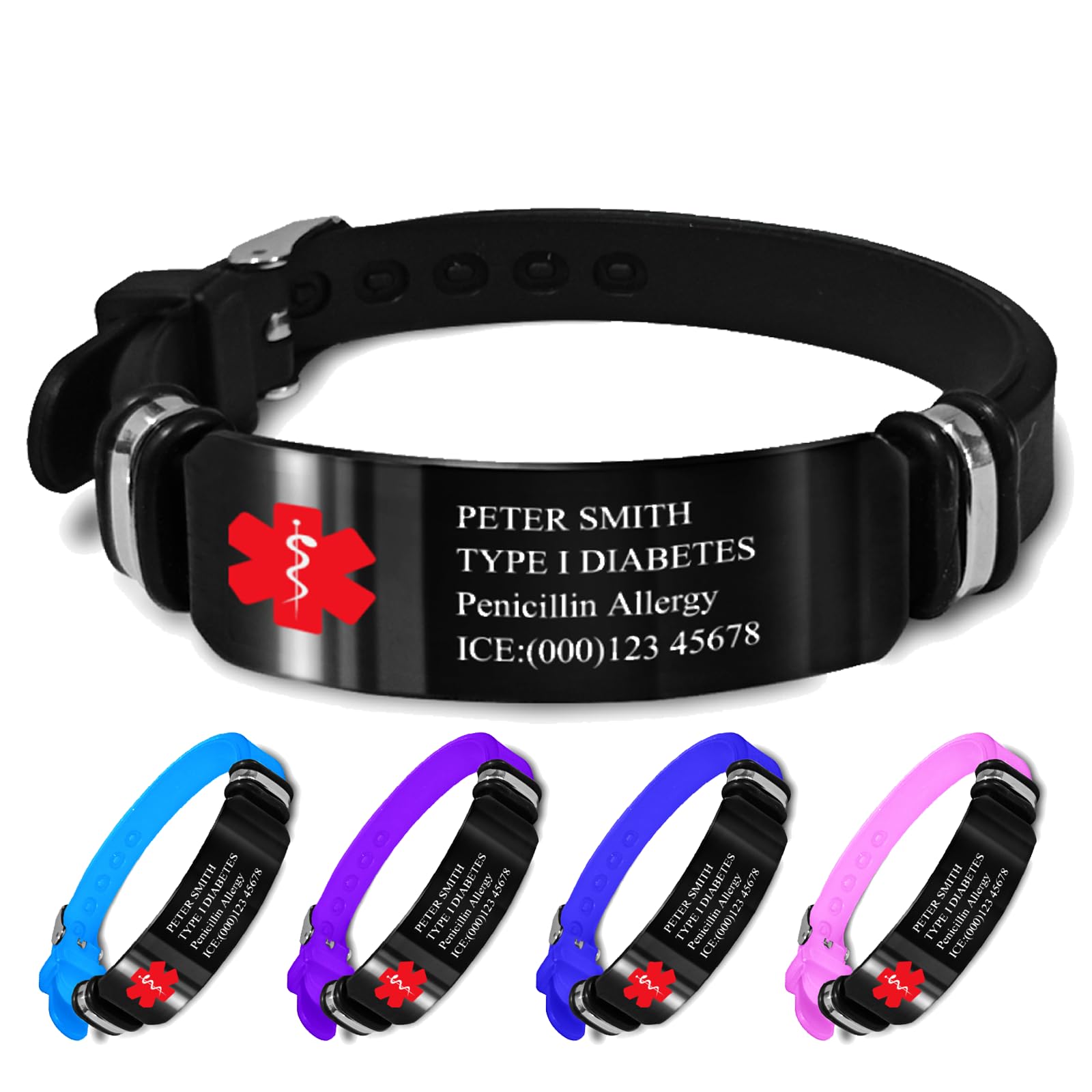 Bracelet Alerte Médicale Vnox – Acier Inoxydable, Noir, Réglable, Gravure Gratuite