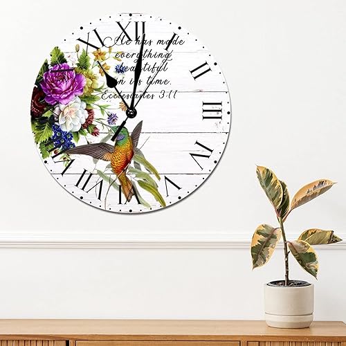 Miniatura 9 de ArogGeld He Made Everything Beautiful - Reloj de pared de PVC con flores rosadas, colibrí, reloj de pared grande con cita y números romanos, reloj