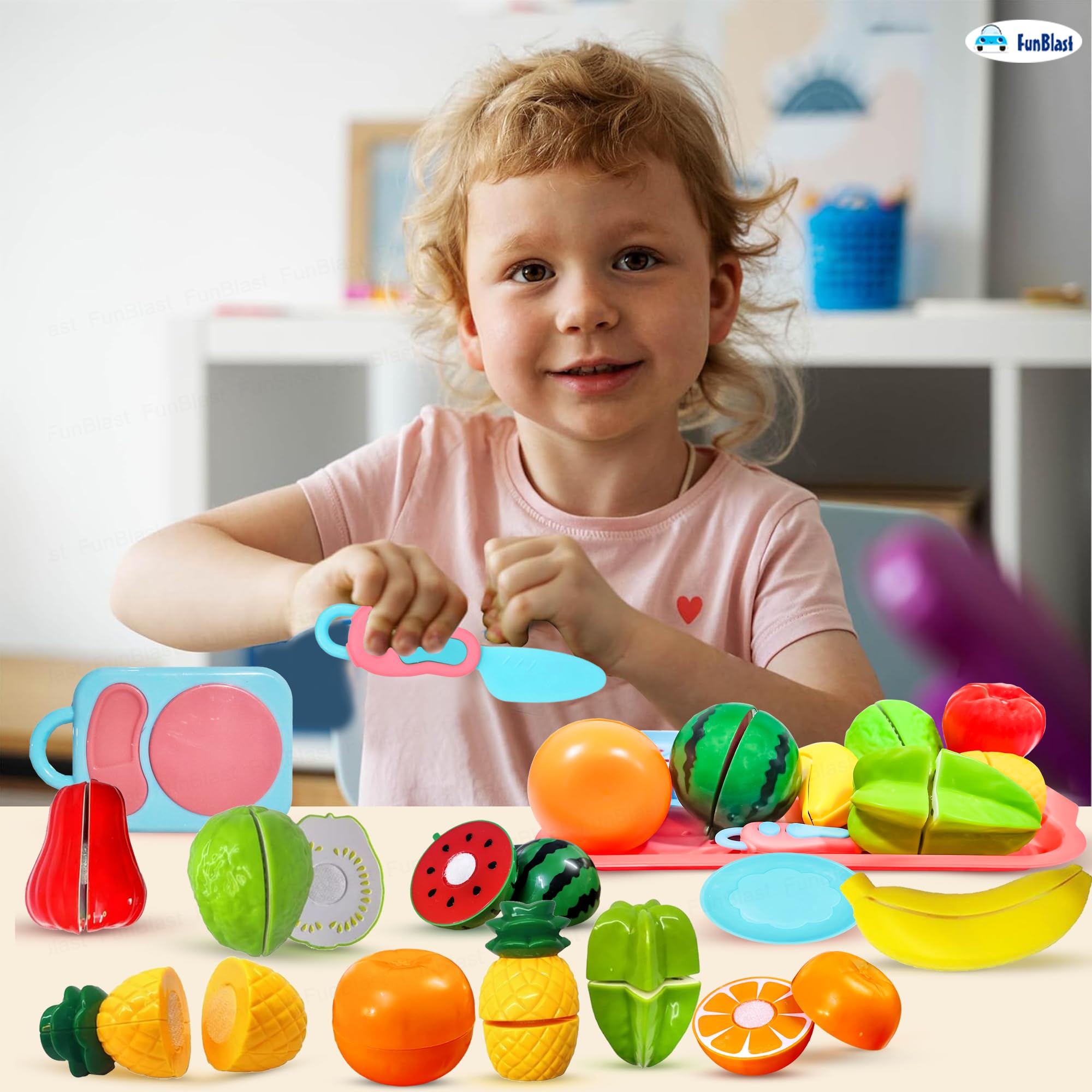 FunBlast Fruits Cutting Play Set Toys for Kids - 11 Pcs Realistic Sliceable Cutting Fruits Pretend Play Kitchen Toys for Kids, Play Food Toys with Chopping Board, Tray & Knife (Multicolor-B) 4