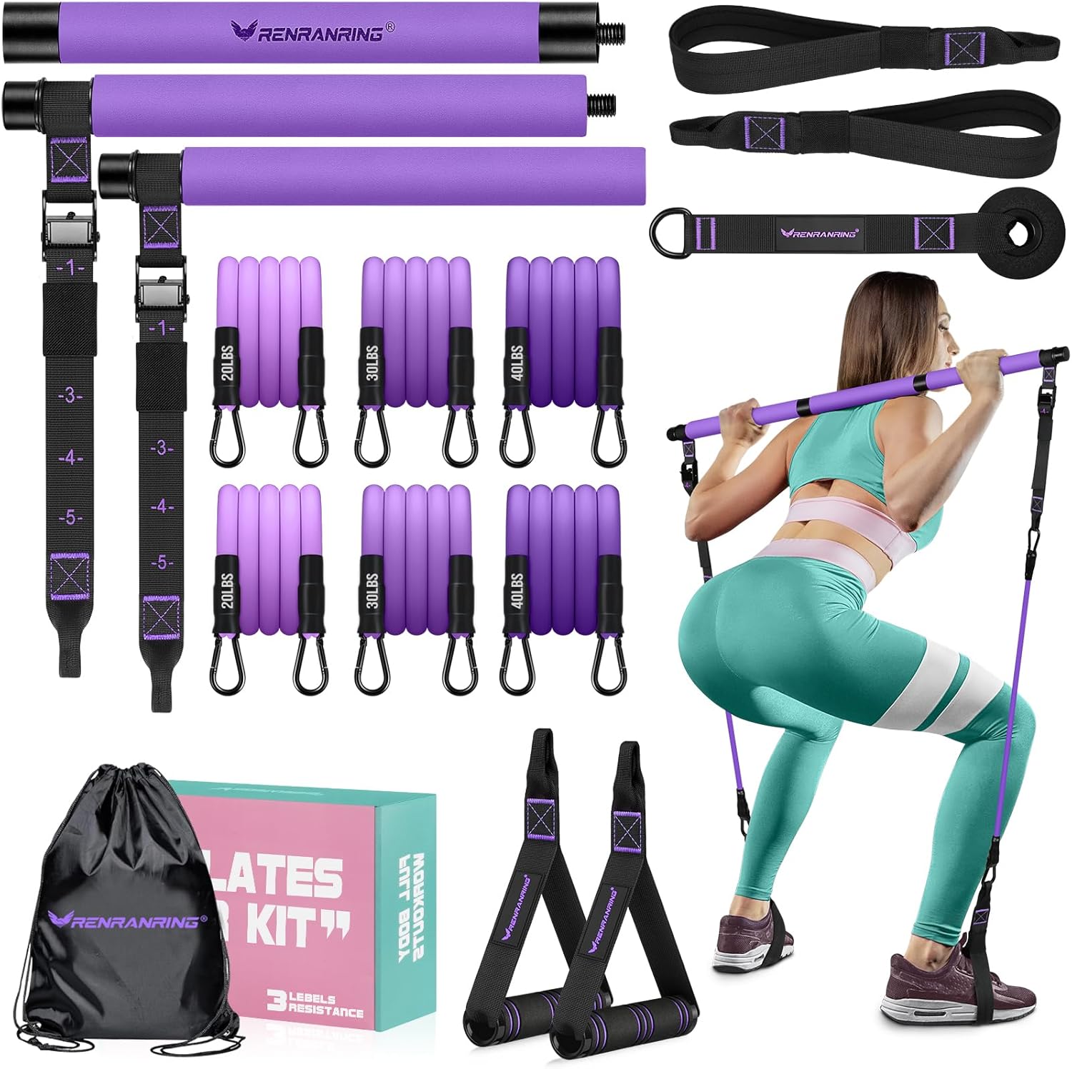 Pilates Bar Kit with Resistance Bands, Multifunctional Pilates Bar for Women & Men with Heavy-Duty Metal Adjustment Buckle, Pilates Home Equipment for Full BodyWorkouts Purple