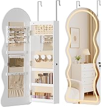 HOOBRO Wall Mounted Jewelry Cabinet with Built-in LED Lighting and Mirror, Lockable Jewellery Storage, Swing Door, with Mirror Psyche, for Earrings, Cosmetics, White EWT08CDJC04