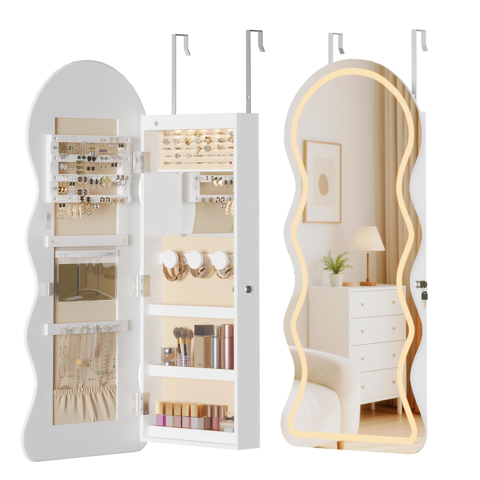 HOOBRO Armario Joyero de Pared con Iluminación LED y Espejo, Cerradura, Puerta Abatible, Blanco EWT08CDJC04