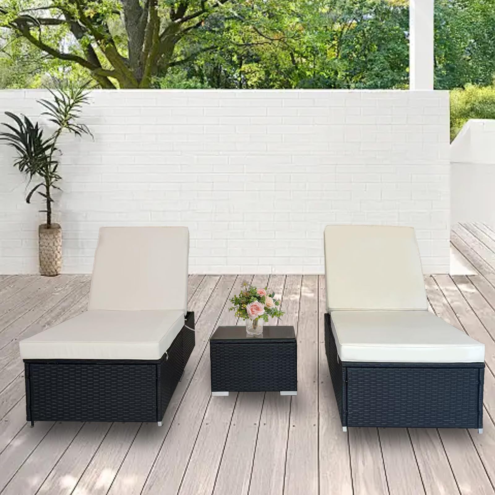 Lounge Chairs Outdoor Set of 3, PE Wicker Rattan Chaise Lounge Chair with 5-Position Adjustable Backrest, Reclining Pool Sunbathing Chair Lounger with Matching Side Table，White