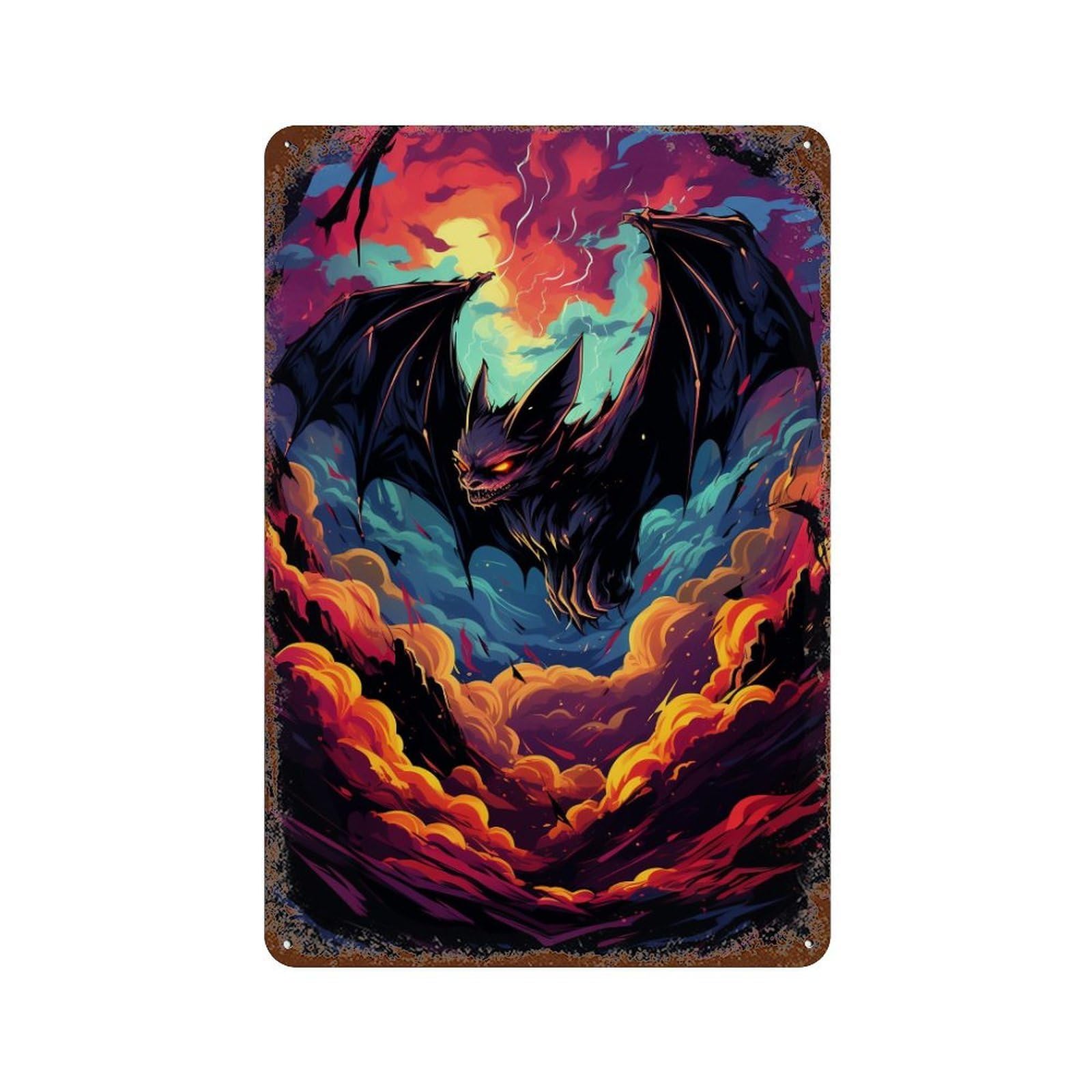 Fiery Demon Bat Artwork Rusty Metal Tin Sign 11.8"x7.9", Rustic Home Decor for Garage, Pub Or Kitchen