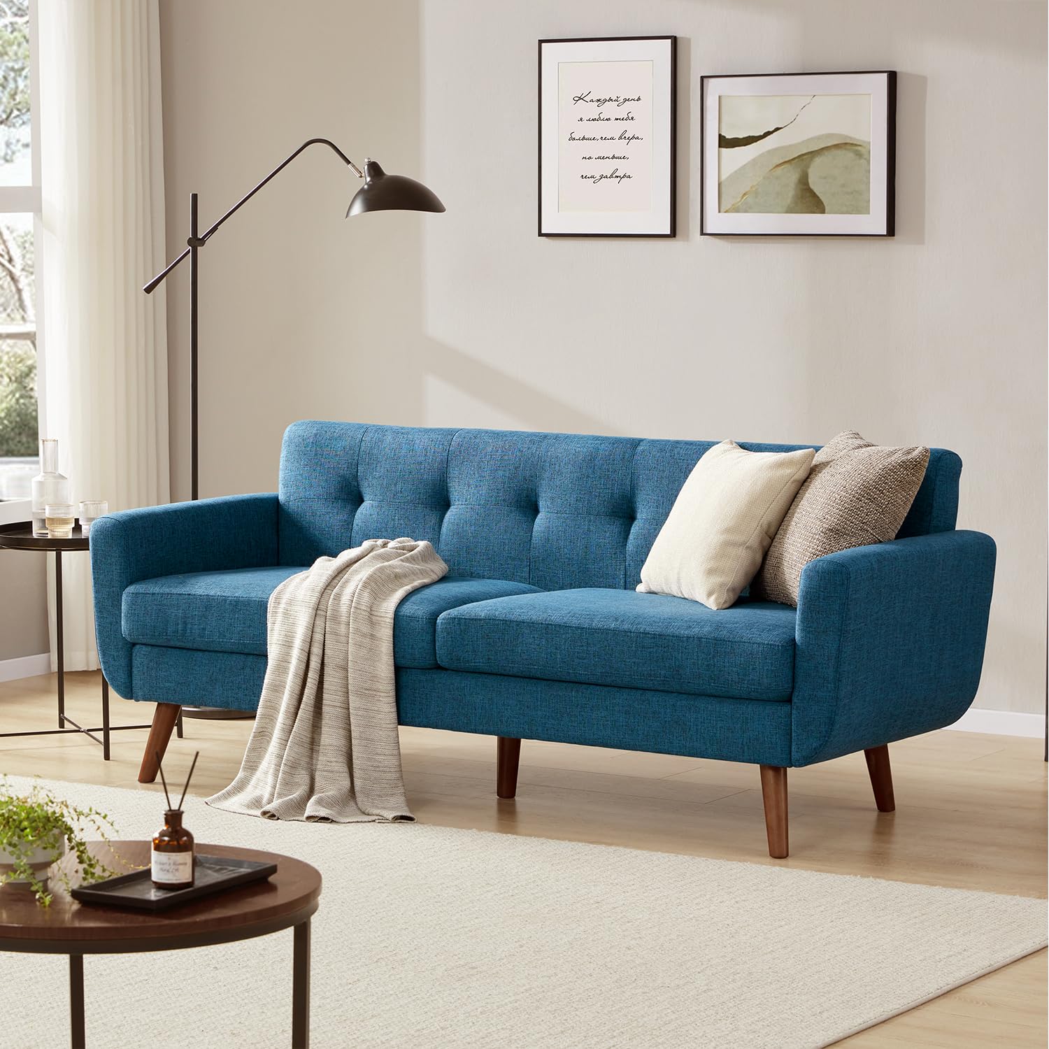Tbfit 77.2" W Linen Sofa Couch, Mid Century Modern Decor Loveseat Couches for Living Room, Button Tufted Upholstered Small Couch for Bedroom, Solid, and Easy to Install Love Seats Furniture, Blue | linen fabric, button tufted, solid wood foot, pocket spring, wood slats frame