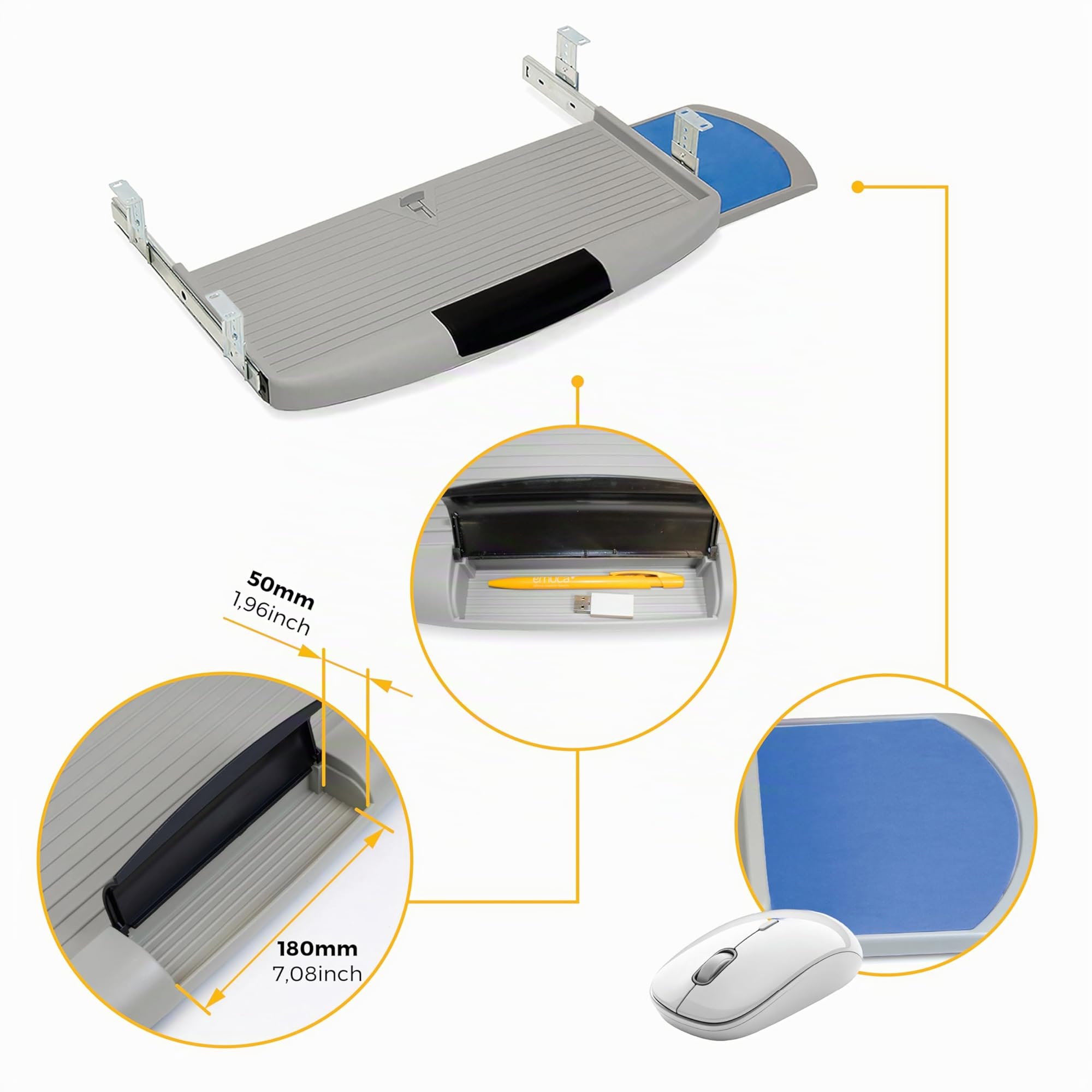 Emuca - Soporte Portateclado Extraíble con Bandeja Auxiliar para el Ratón, Acero y Plástico, Plástico gris