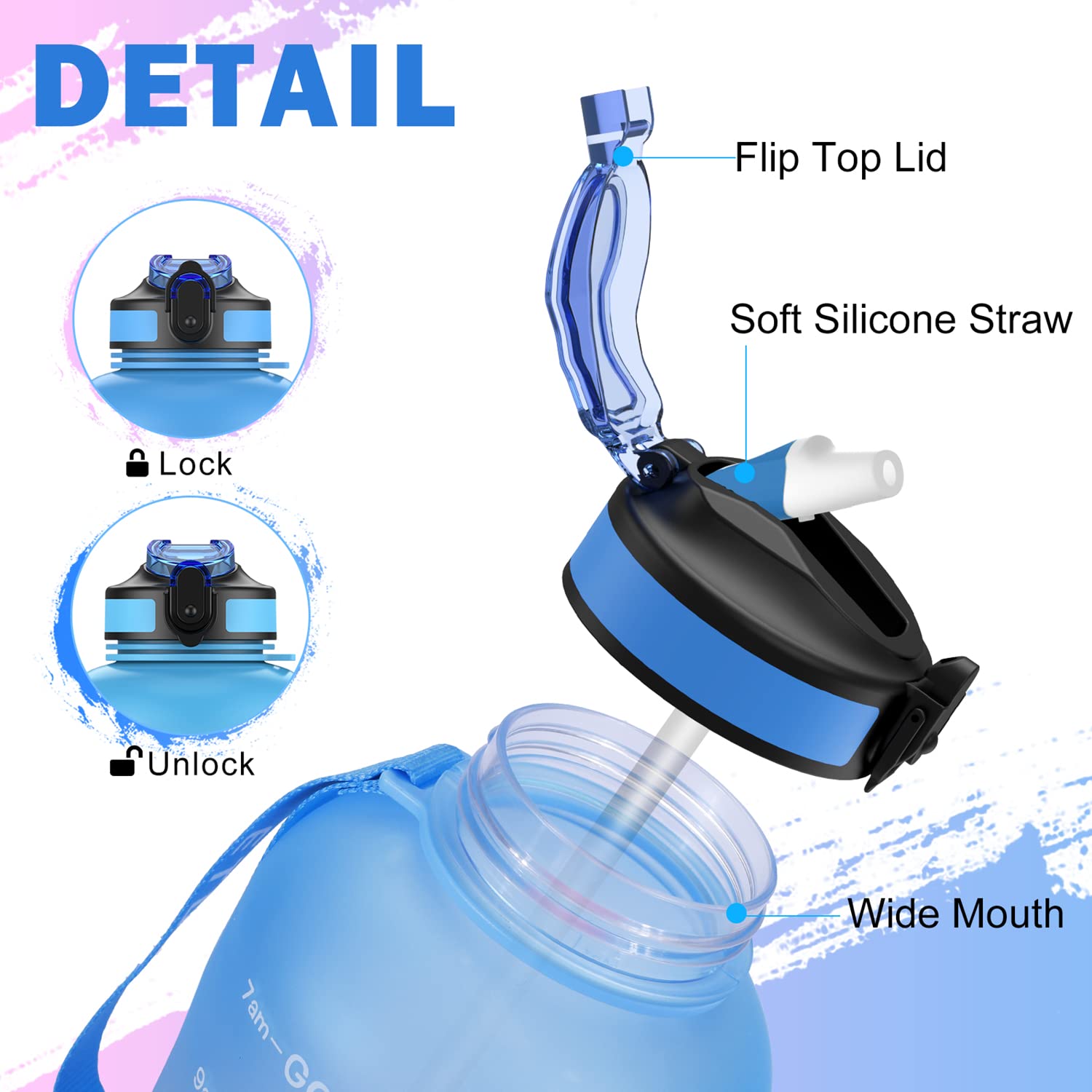 ETDW Borraccia Sportiva 2 Litro con Cannuccia [Senza BPA Tritan], 2000ml Borraccia Sportiva con Marcatori di Tempo, Bottiglia Acqua a Prova di Perdita per Palestra, Campeggio BLU ROSA