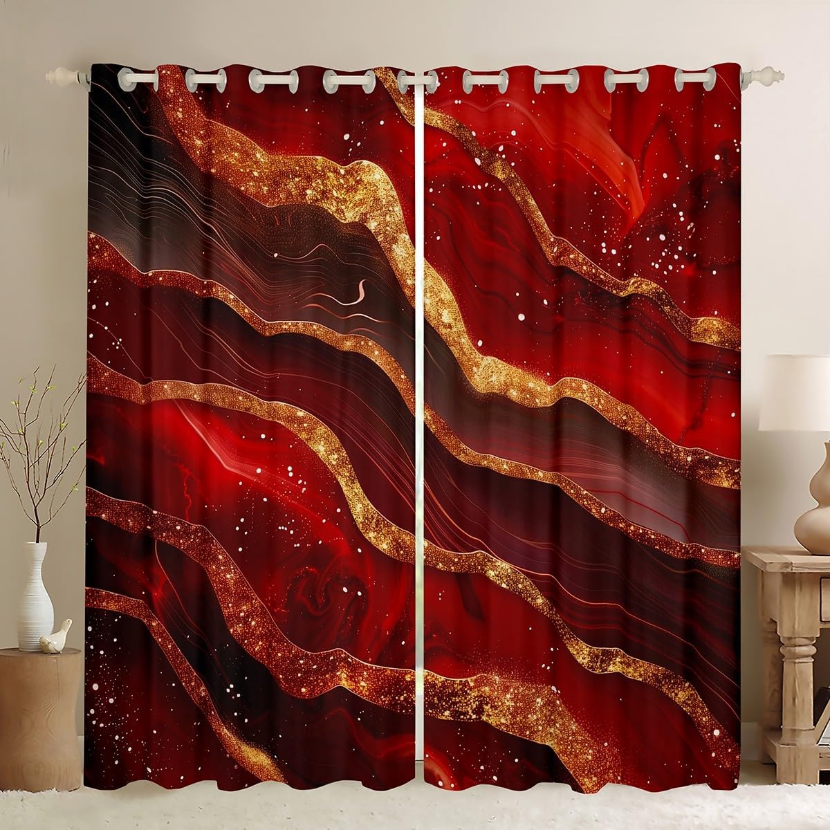 Marble Print Blackout Curtains,Gold Marbling Geometric Stripes Window Drapes for Boys Girls Adults,Artwork Abstract Stone Red Black Bright Window Treatments Grommet Top 2 Panel Set,42Wx84L inch