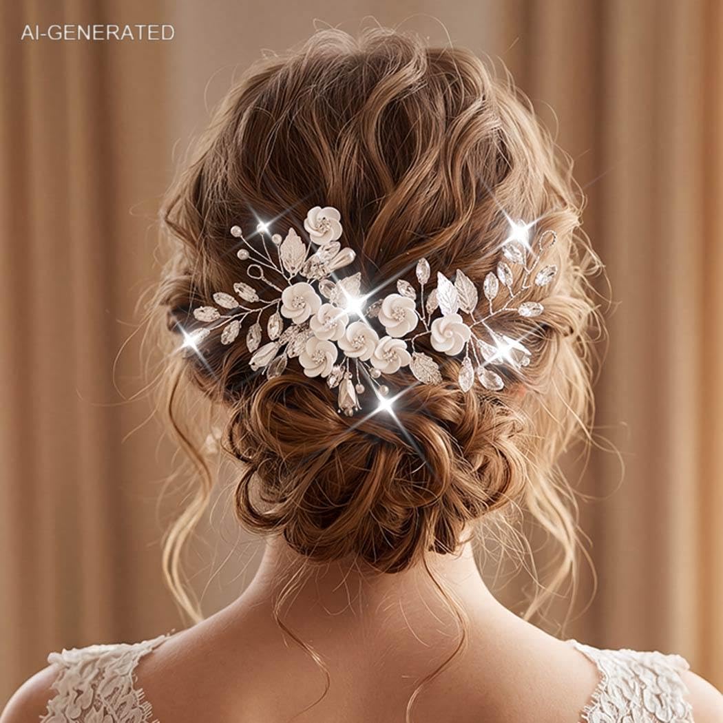 Catery Accessorio per capelli da sposa a forma di fiore e sposa, con cristalli argentati, accessorio per capelli per donne e ragazze (A-Sliver)