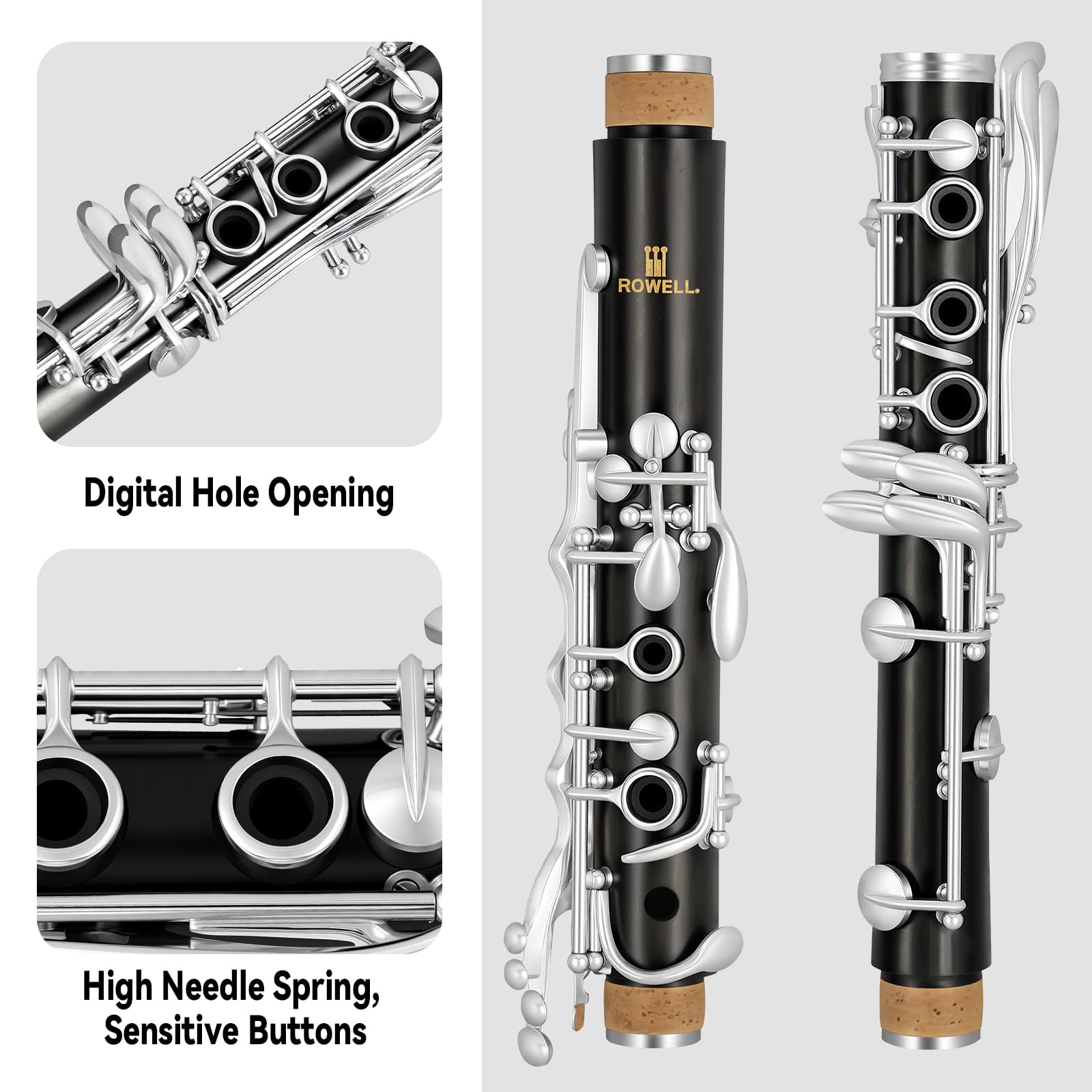 ROWELL 17 Key Bb Clarinet with African Blackwood Body & Italian Pads Professional Rich Tone for Beginner & Intermediate Students Includes Case, Mouthpiece, Reeds & Clean Kit