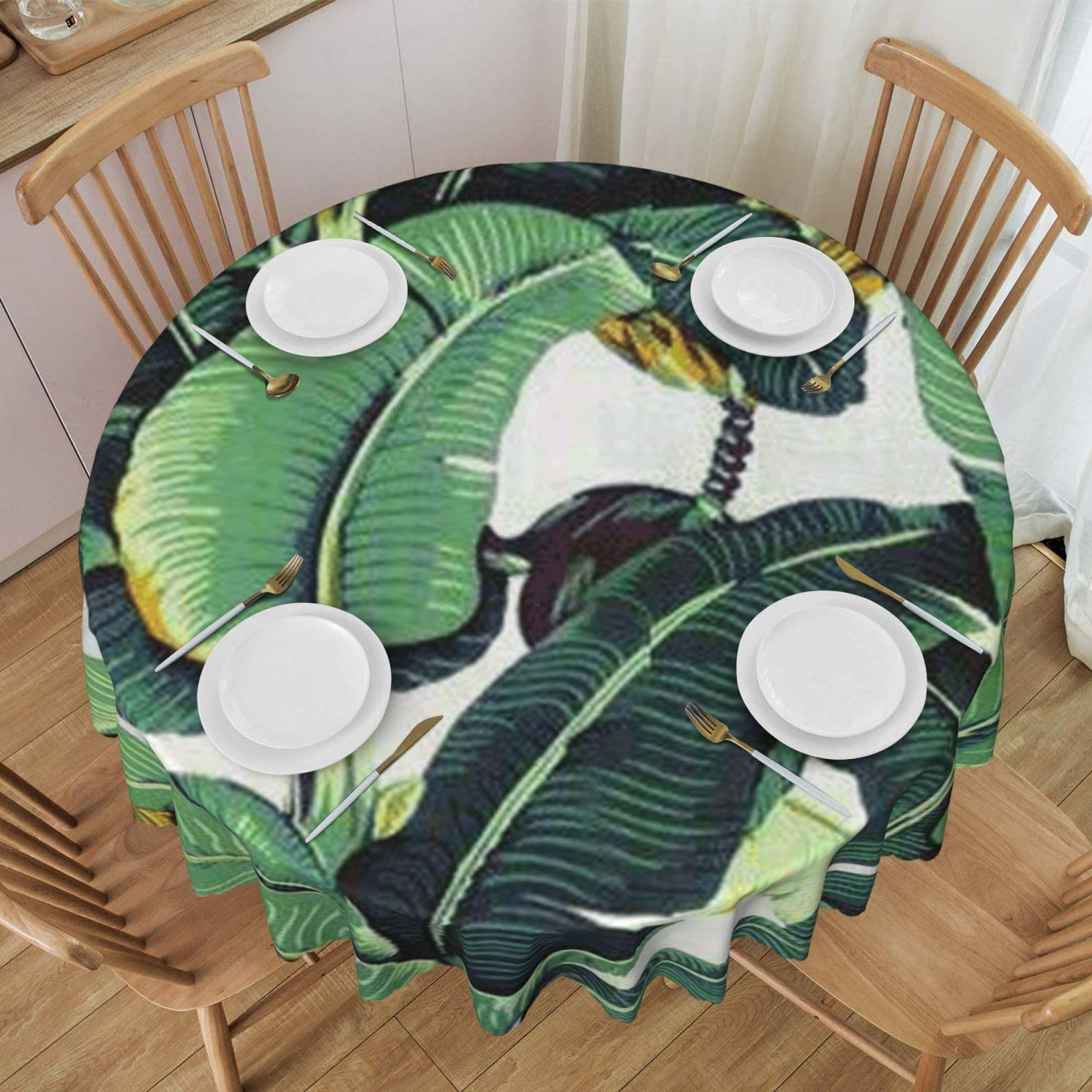 DCEHGEW 60 In Round Tablecloth with Lace, Tropical Banana Palm Leaves Printed Oilproof & Washable Fabric Picnic Table Cloth Table Covers