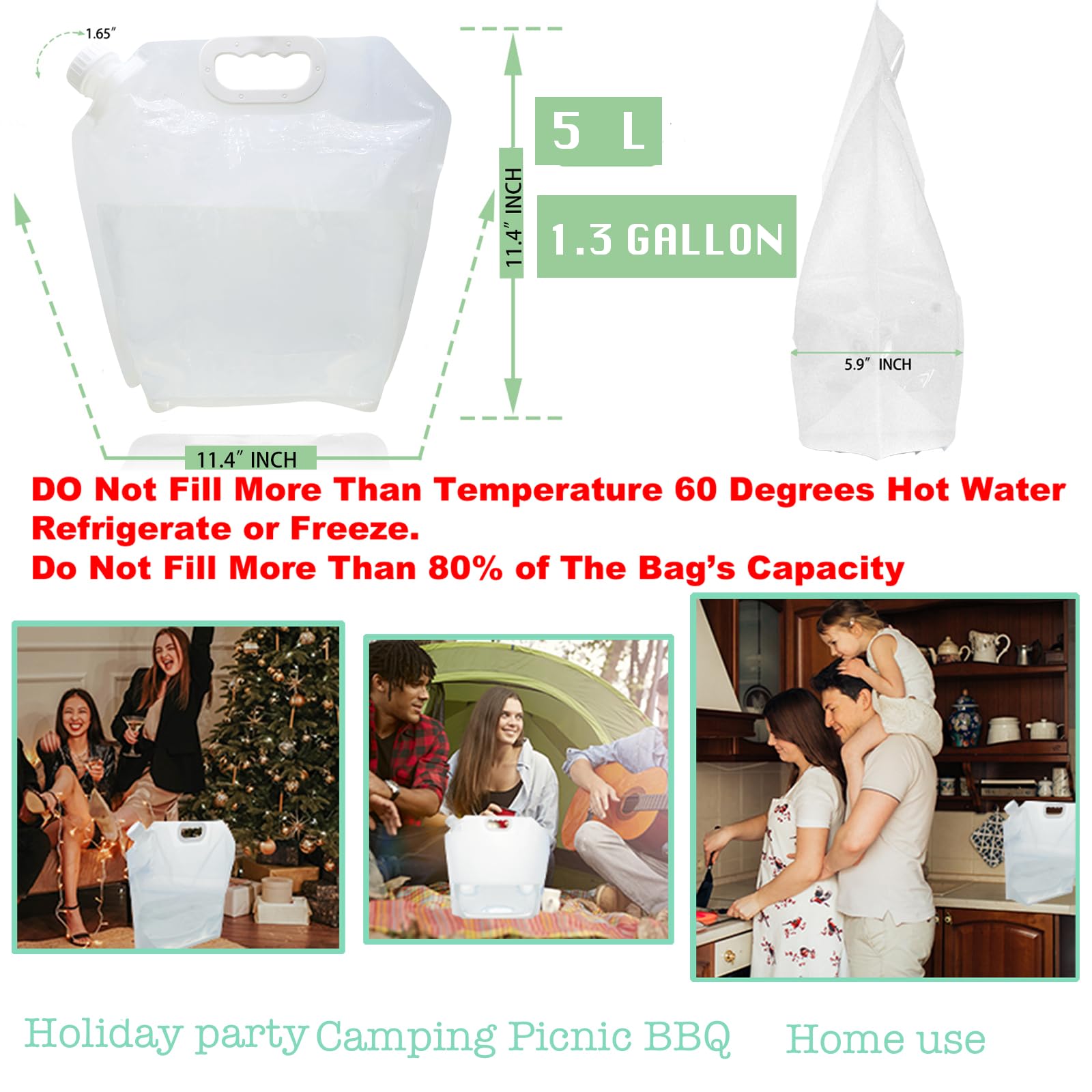 (50 l) Wasserspeicherbehälter, faltbarer Wasserbeutel, 5 Stück - 2,6 Gallon/10 l, Premium faltbare Wasserkrug und Wasserbehälter, für Camping, Wandern, Notwasseraufbewahrung