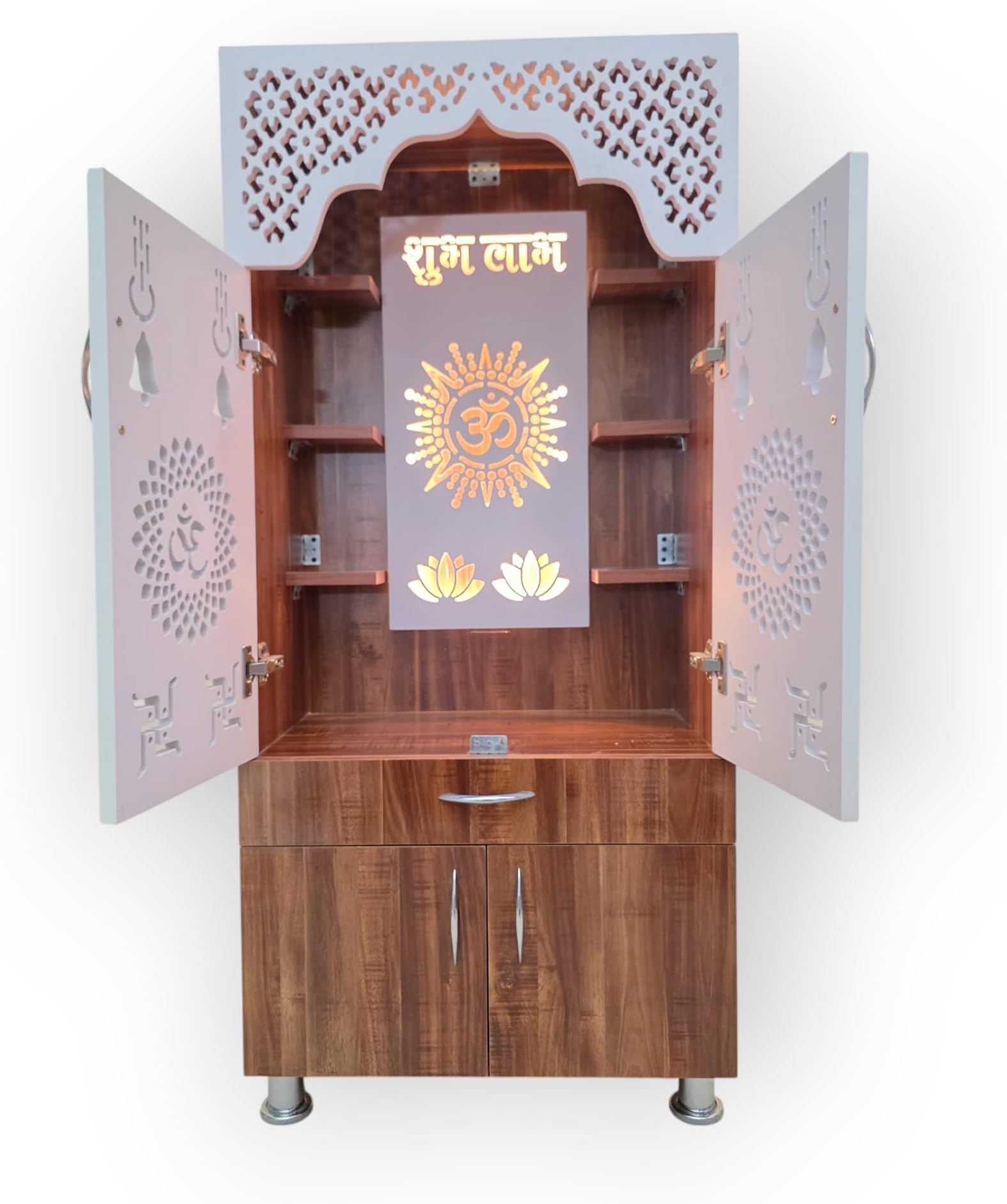 SHIVOJA Brown & White Wooden Temple for Home 130 x 60 x 34 cm | Pre-Assembled Engineered Wood Pooja Mandir with Dual-Tone Finish, LED Light & Spacious Layout | Modern Devghar for Living Room & Office
