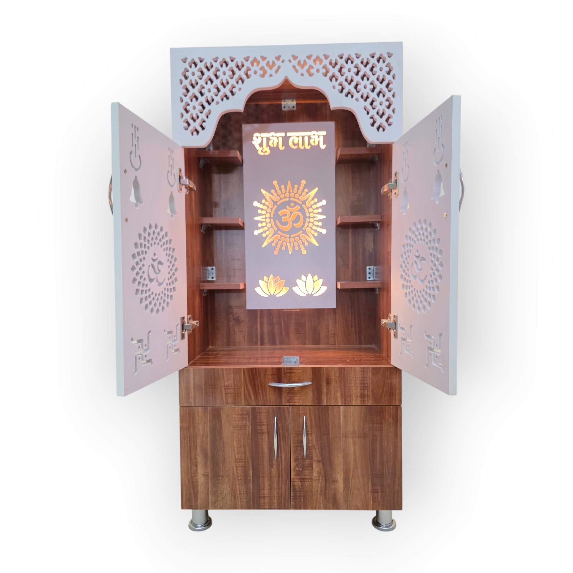 SHIVOJA Brown & White Wooden Temple for Home 130 x 60 x 34 cm | Pre-Assembled Engineered Wood Pooja Mandir with Dual-Tone Finish, LED Light & Spacious Layout | Modern Devghar for Living Room & Office