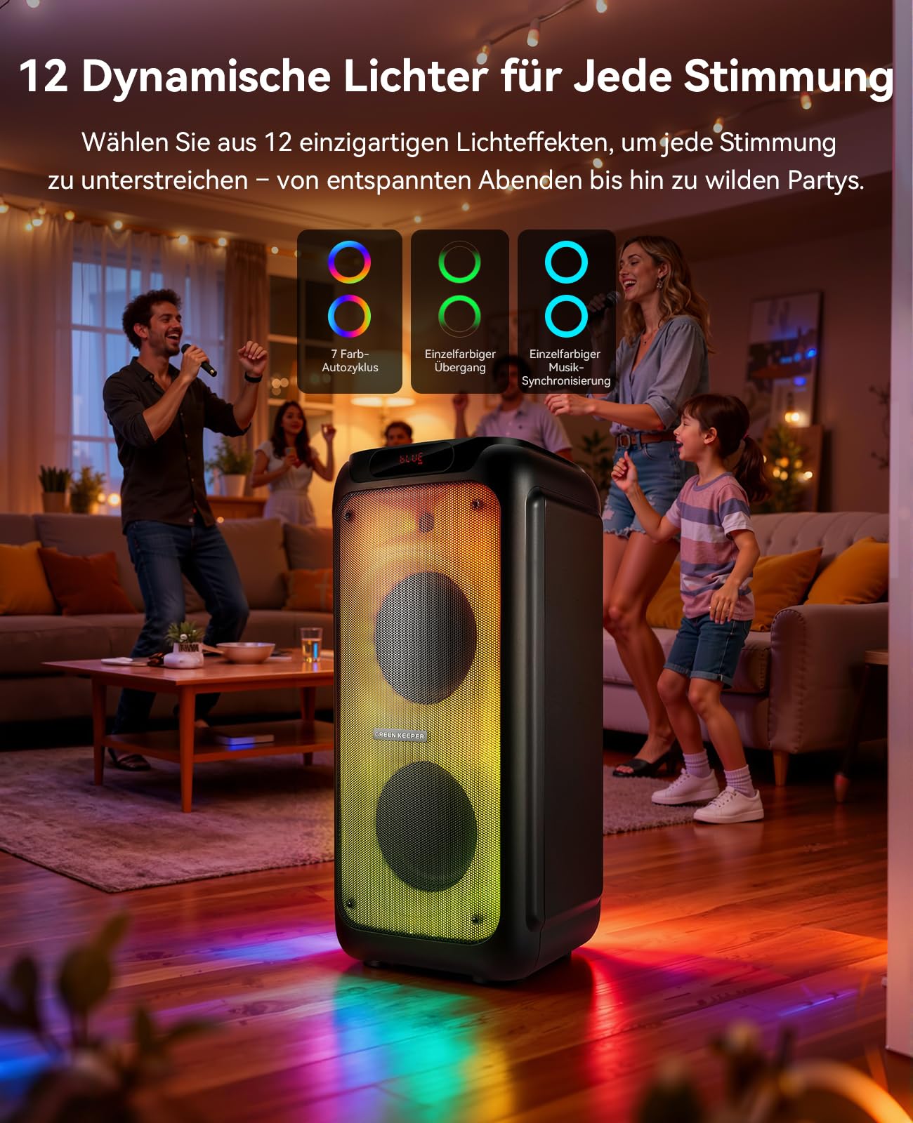 GKD80 Karaoke Maschine Für Erwachsene Mit 2 Kabellosen UHF Mikrofonen, 600W Peak Bluetooth Lautsprecher (Doppelte 8 Zoll Subwoofer), Tragbares Party Gerät Mit FB Und Rädern Für Singen/ Reden/ Outdoor