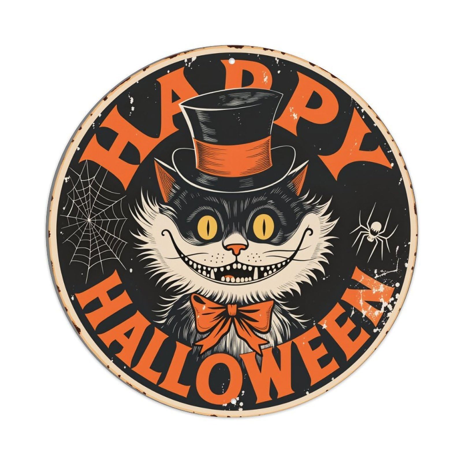 Happy Halloween Cat Spider Web Round Tin Sign Vintage Metal Poster Retro Bar, Home, Man Cave, Kitchen, Laundry Room Wall Art Decor Gift 8x8In