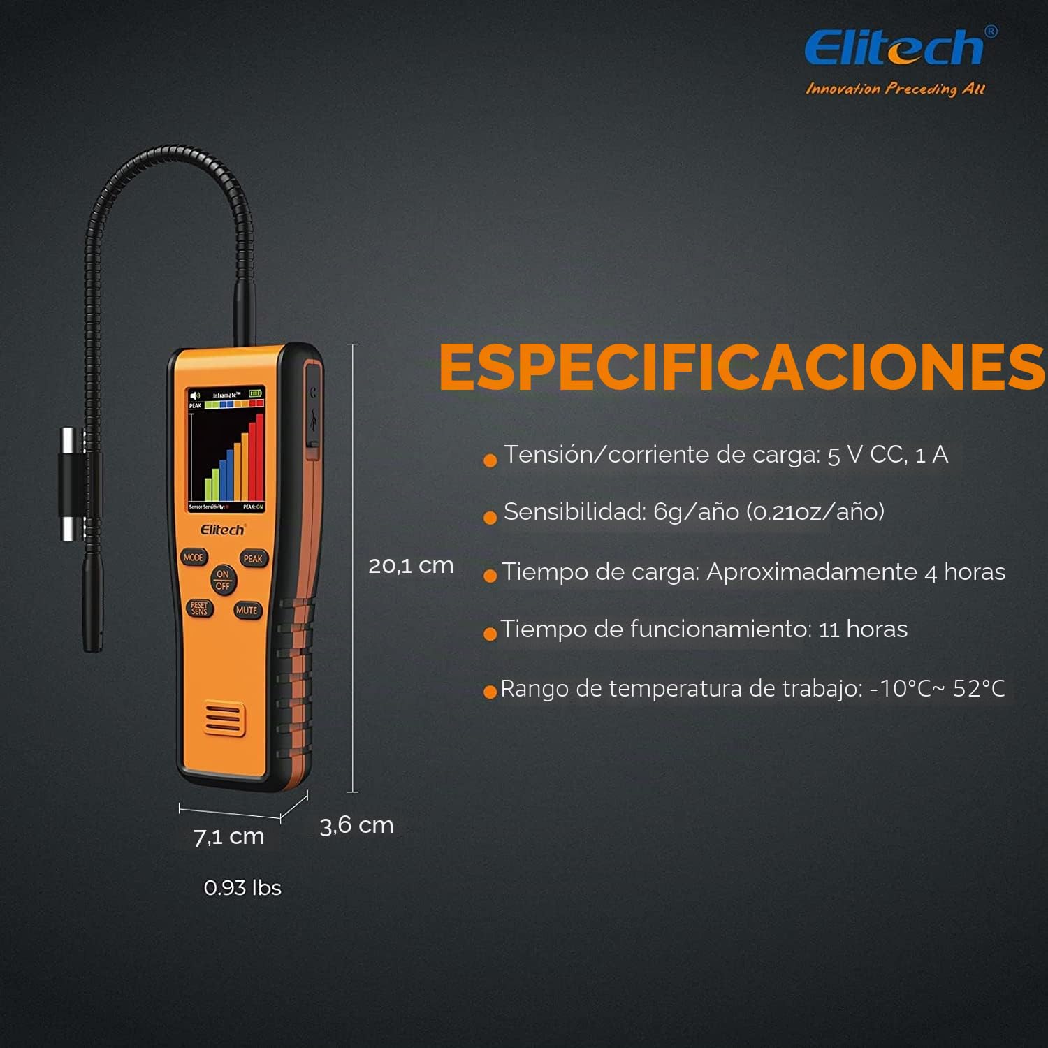 Elitech Detector De Refrigerante De R744 CO₂ Infrarrojo - Monitor Portátil De Dióxido De Carbono De Alta Precisión para Sistemas HVAC con Alarma