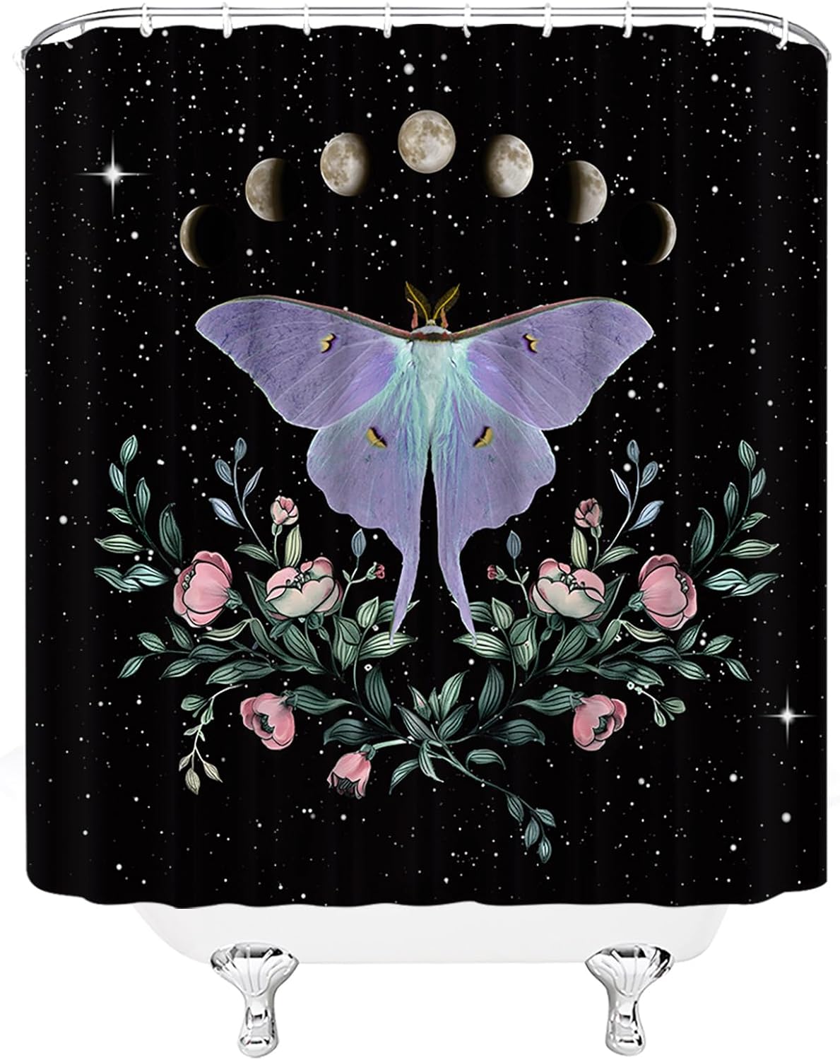 Moth Shower Curtain Mysterious Moon Phases Star Floral Wildflower Moon Night Garden Green Leaves Herbs Butterfly Boho Astrology Moth Gothic Rustic Polyester Bathroom Decor with Hooks,Purple Black