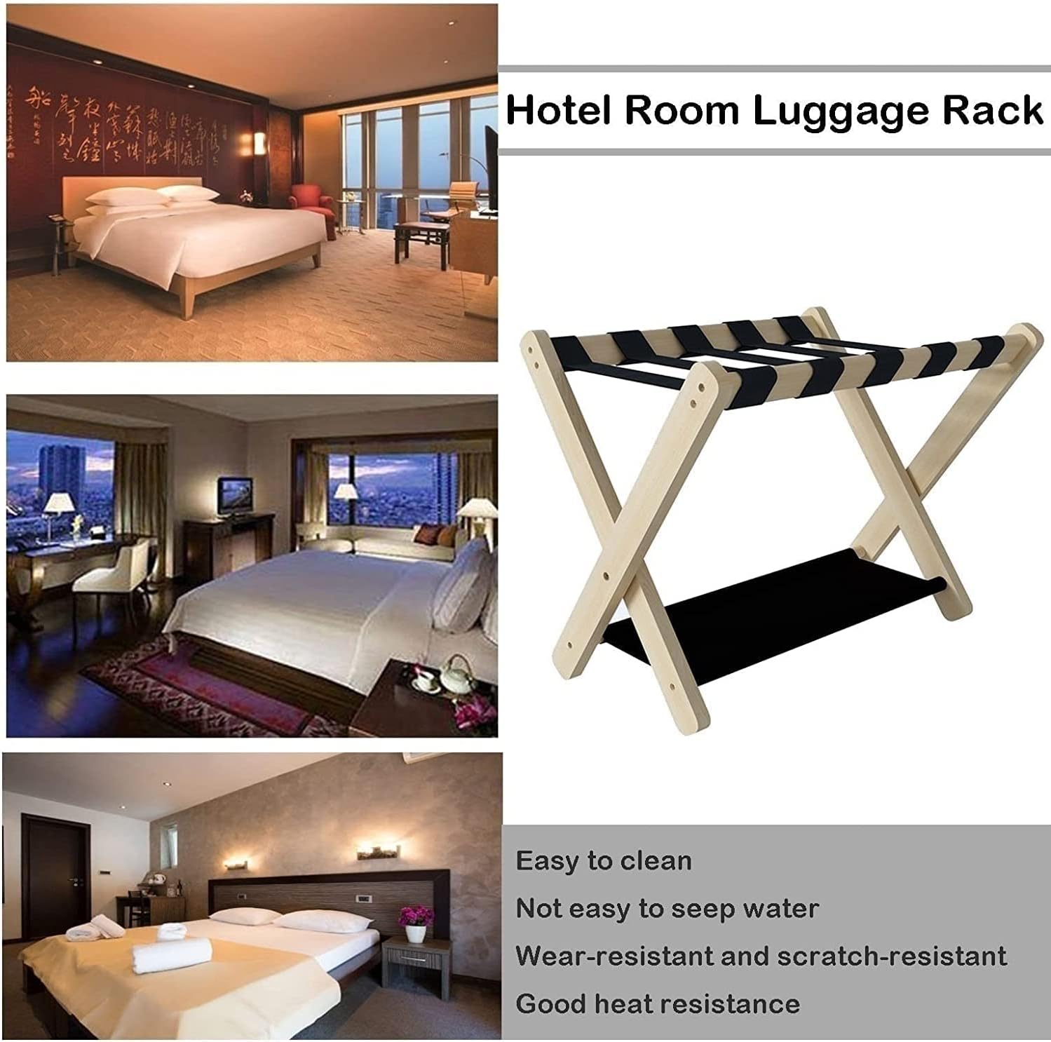 Luggage Rack 4 Pcs Folding Suitcase Rack - Solid Wood Hotel Luggage Rack, Travel Organizer with Shoe Shelf, 2 Layers Suitcase Stand for Guest Room, 27.6×17×19.7,Black