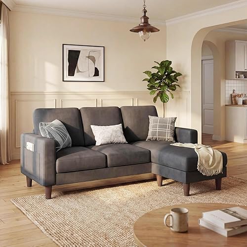 Homall 3 Seat Couch L Shape Sofa with Side Storage Pockage, Sectional Couches with Reversible Ottoma, Upholstered Sofa for Living Room and Small Spaces (Linen Fabric, Graphite Grey)