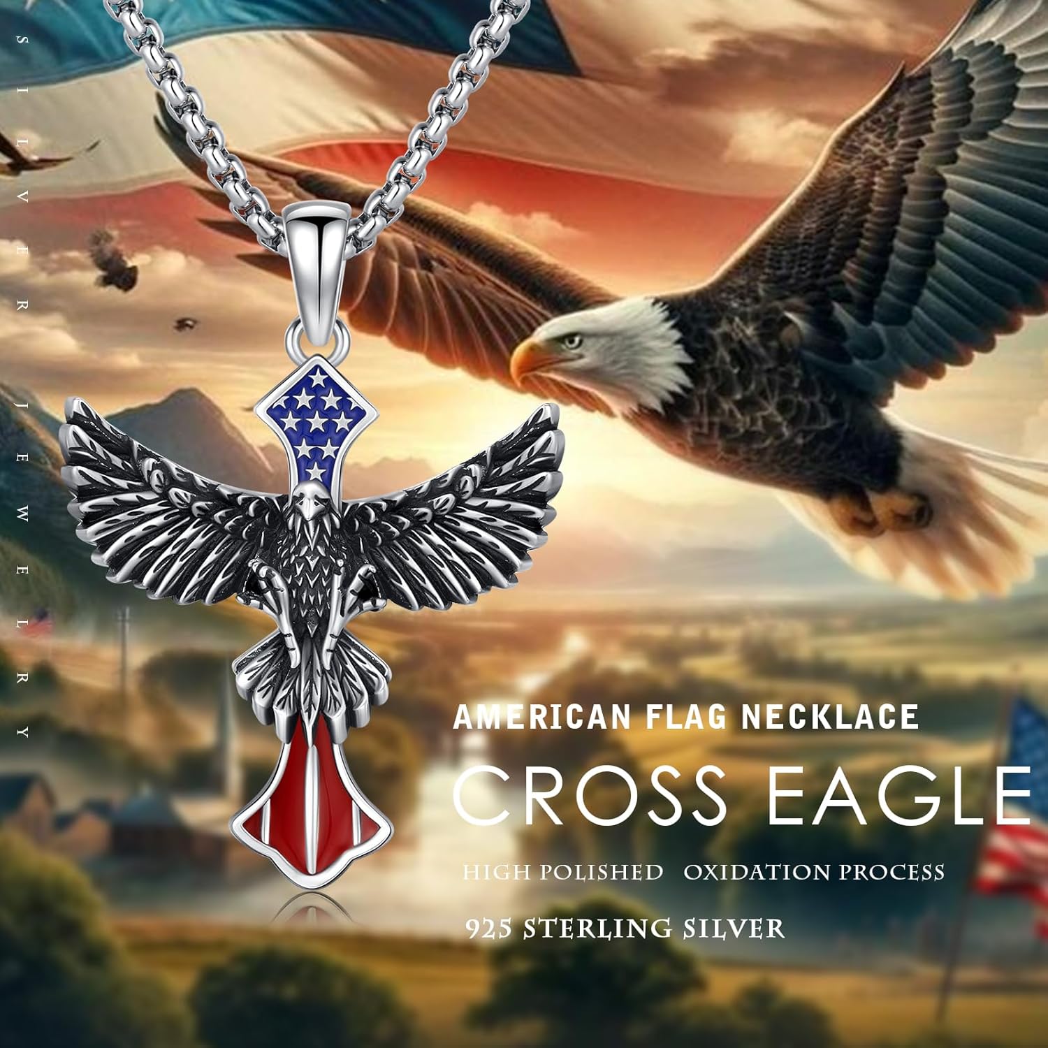 Eagle Necklace for Men 925 Sterling Silver American Flag Cross Necklace American Eagle Cross Patriotic Pendant Independence Day Jewelry for Men Women - Image 6